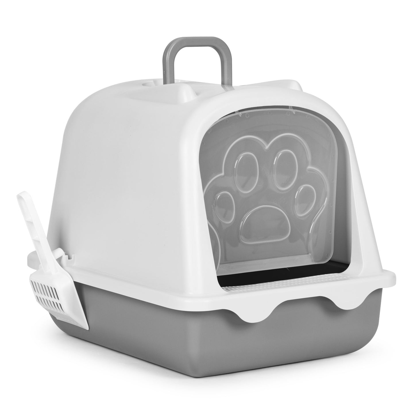 Large closed litter box with a door and a litter scoop