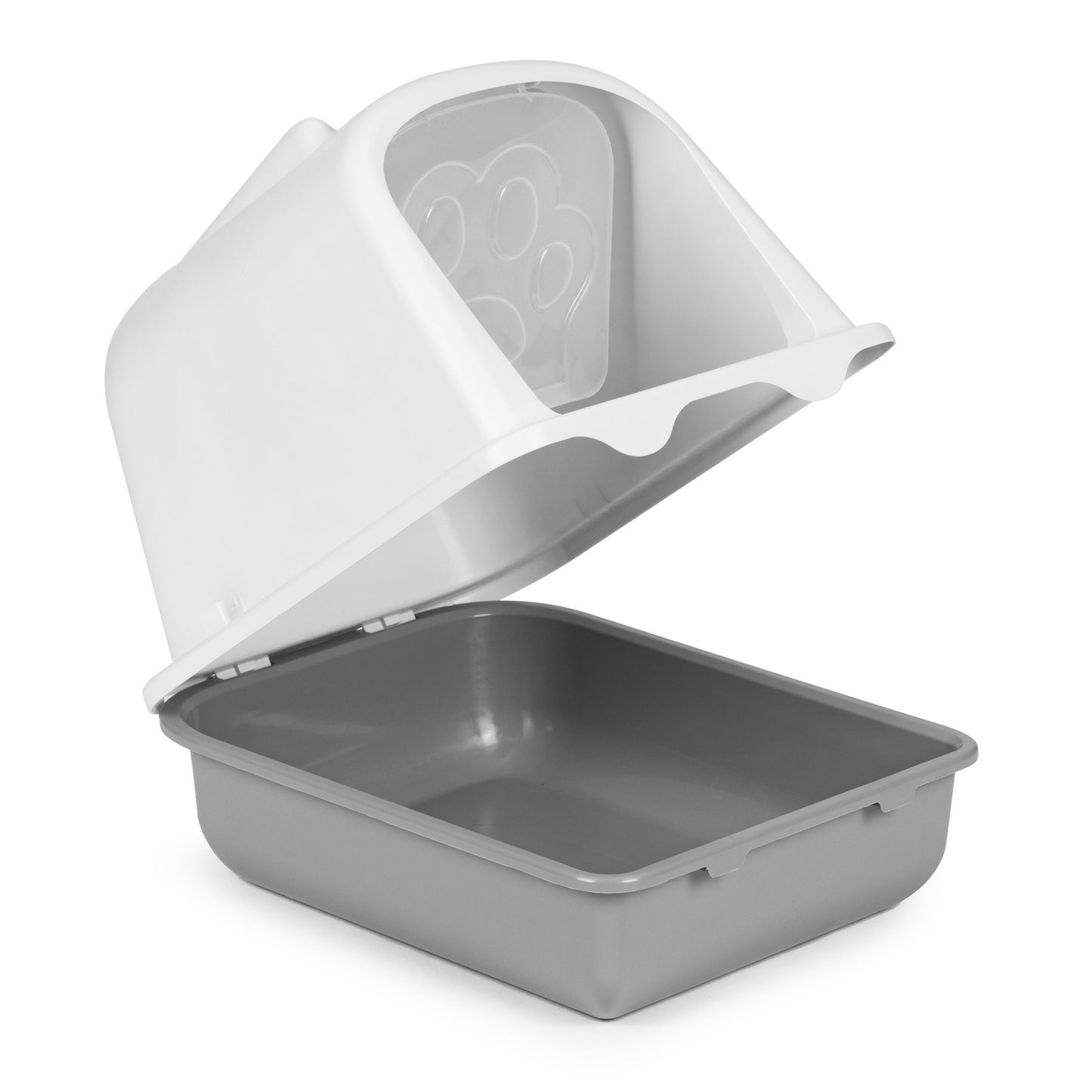 Large closed litter box with a door and a litter scoop