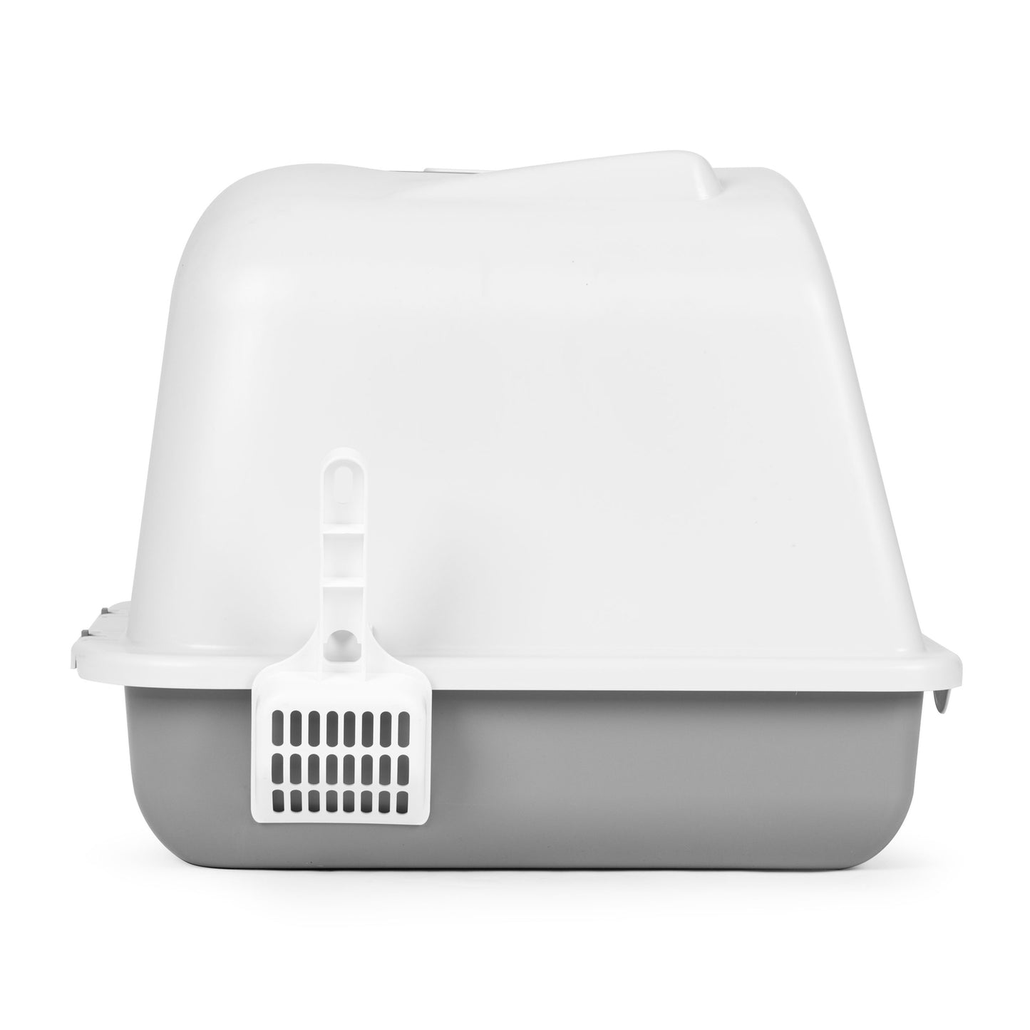 Large closed litter box with a door and a litter scoop
