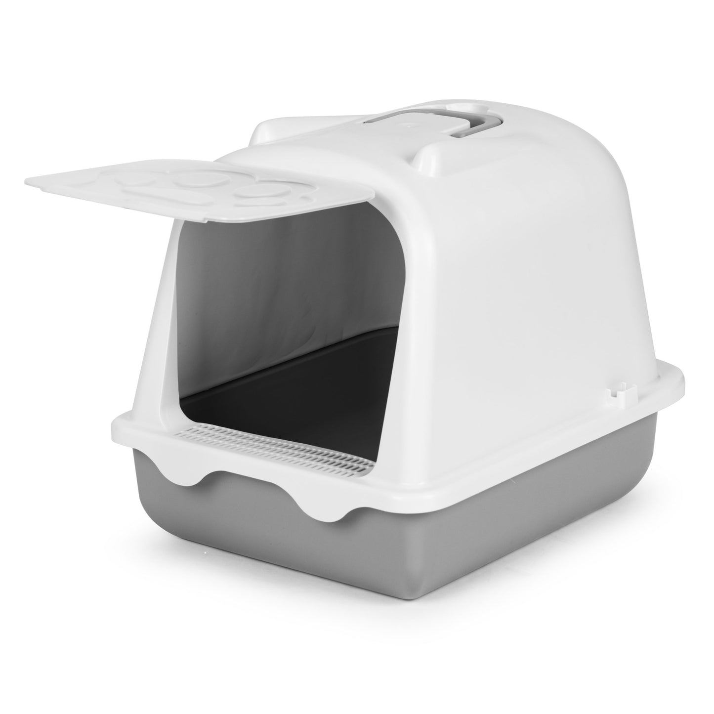 Large closed litter box with a door and a litter scoop