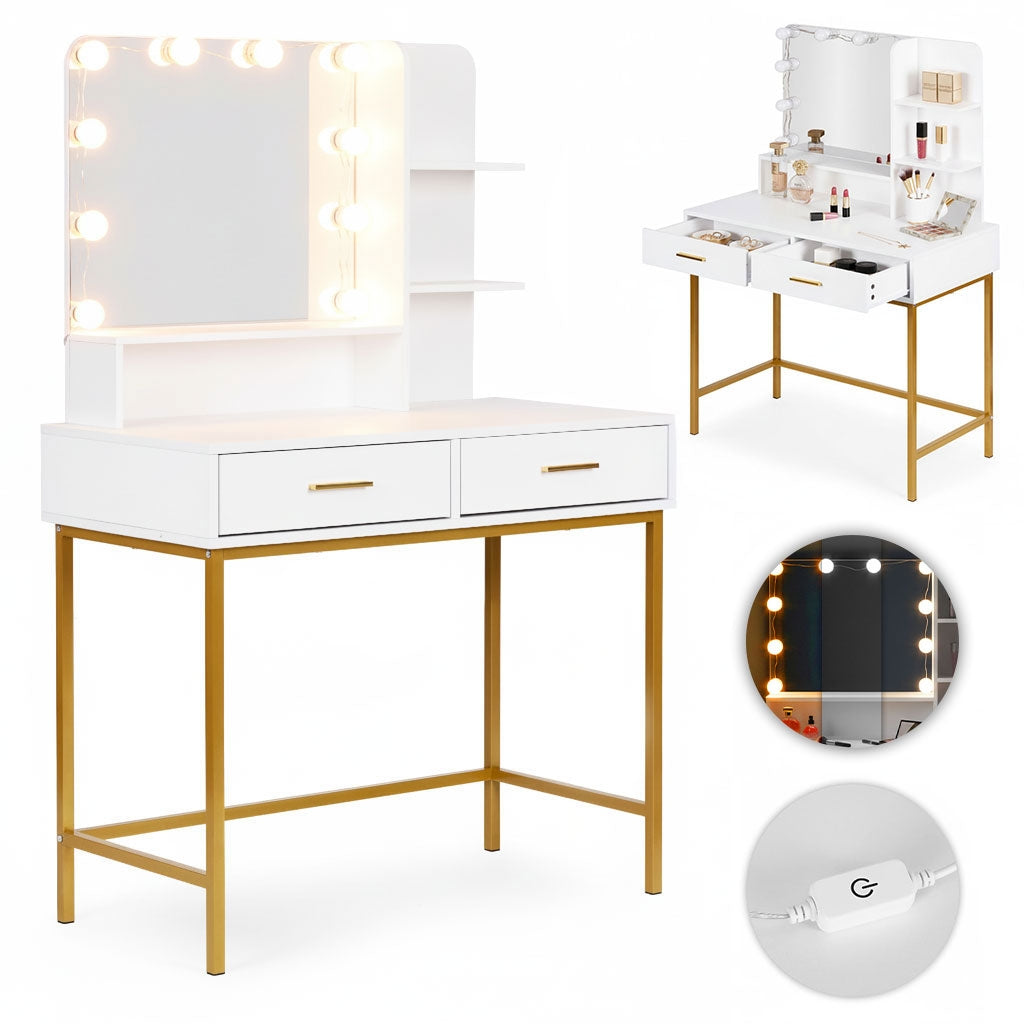 Large cosmetic dressing table with mirror and LED lighting, 3 colors, drawer shelves, ModernHome