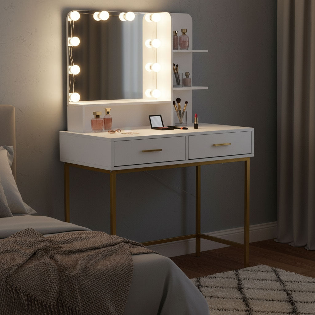Large cosmetic dressing table with mirror and LED lighting, 3 colors, drawer shelves, ModernHome