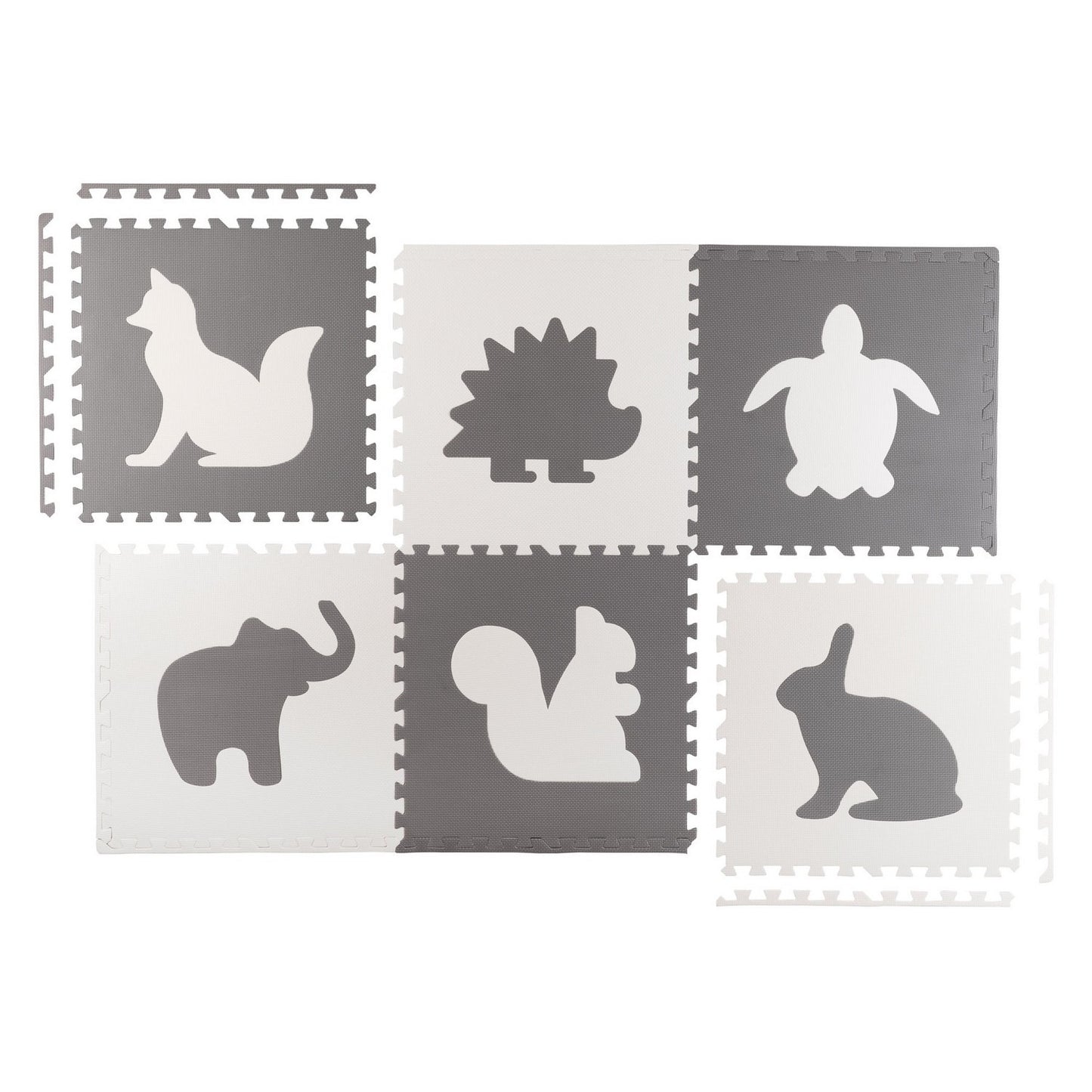 Large foam mat, puzzle, animal motif in white and grey, 6 pcs