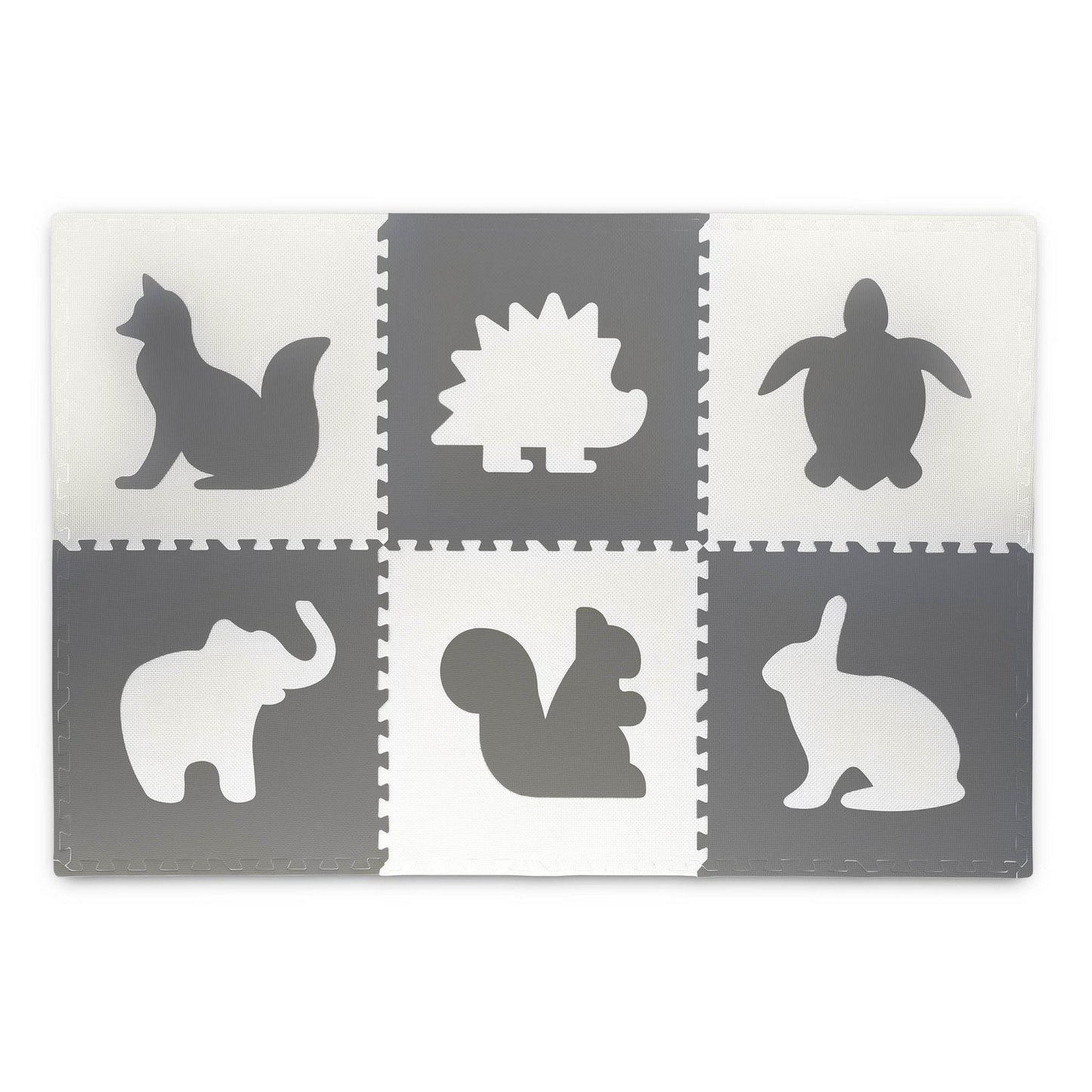 Large foam rubber mat, puzzle, animal motif in white and grey, 6 parts