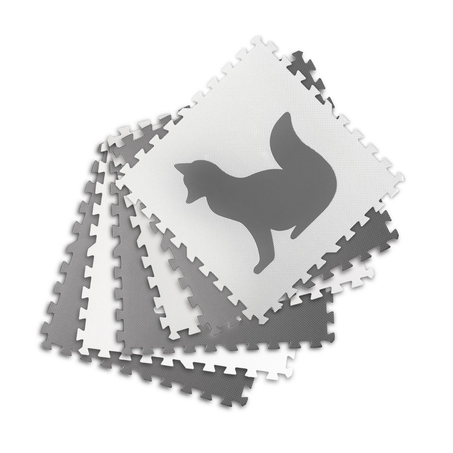 Large foam rubber mat, puzzle, animal motif in white and grey, 6 parts