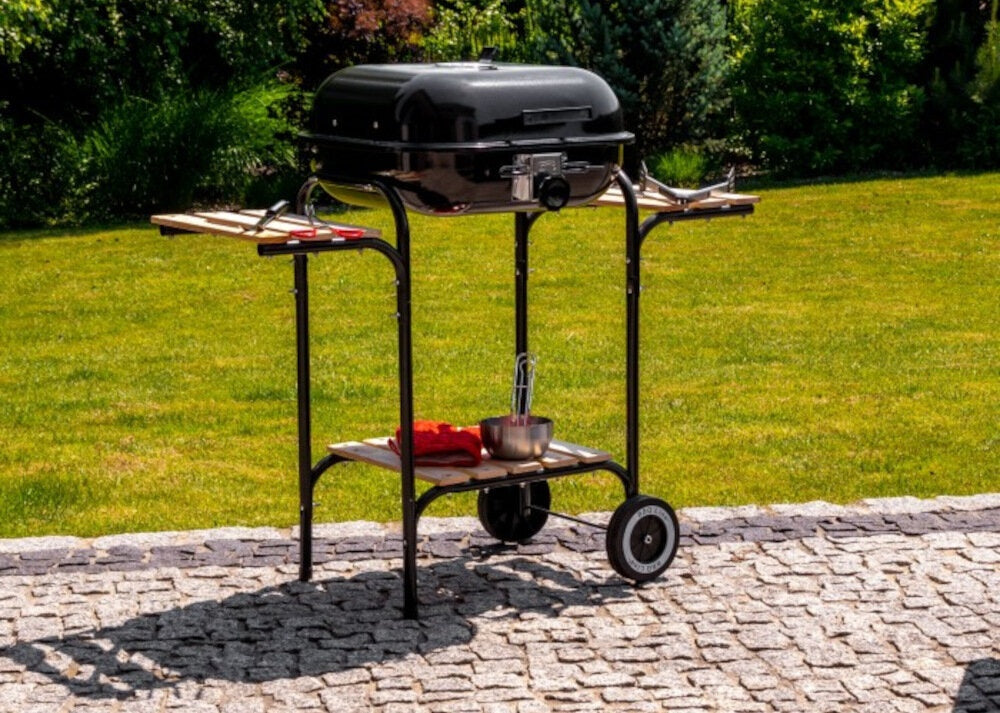 Large garden grill with adjustable grate, wooden shelves