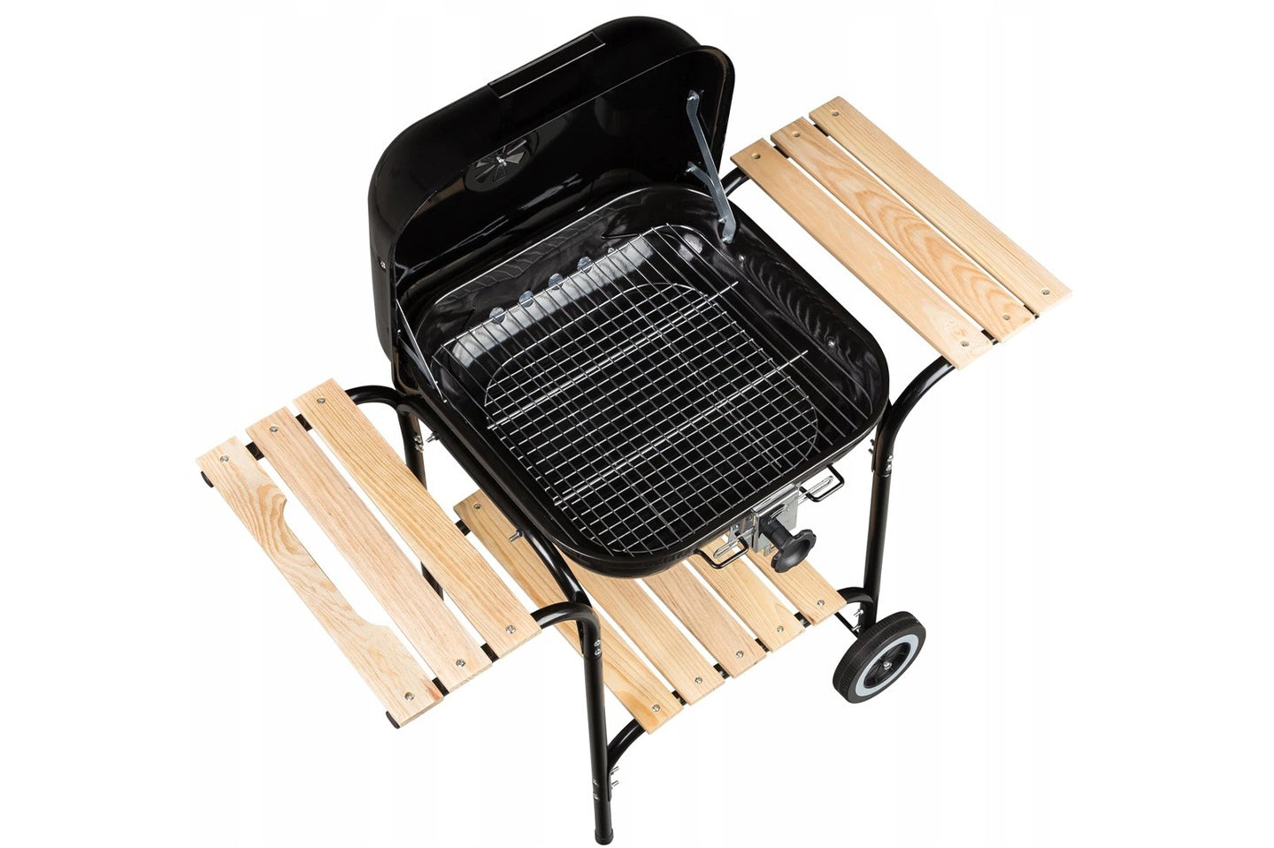 Large garden grill with adjustable grate, wooden shelves