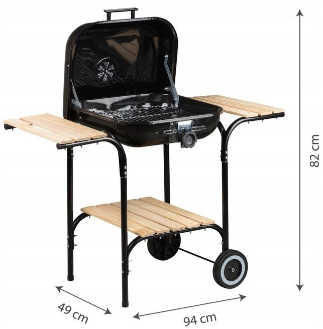 Large garden grill with adjustable grate, wooden shelves