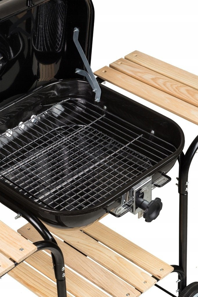 Large garden grill with adjustable grate, wooden shelves