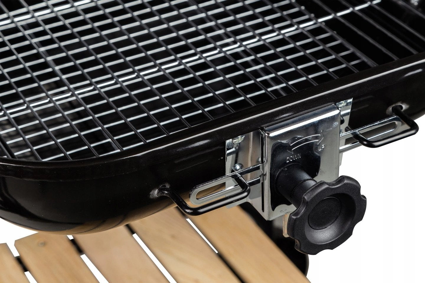 Large garden grill with adjustable grate, wooden shelves