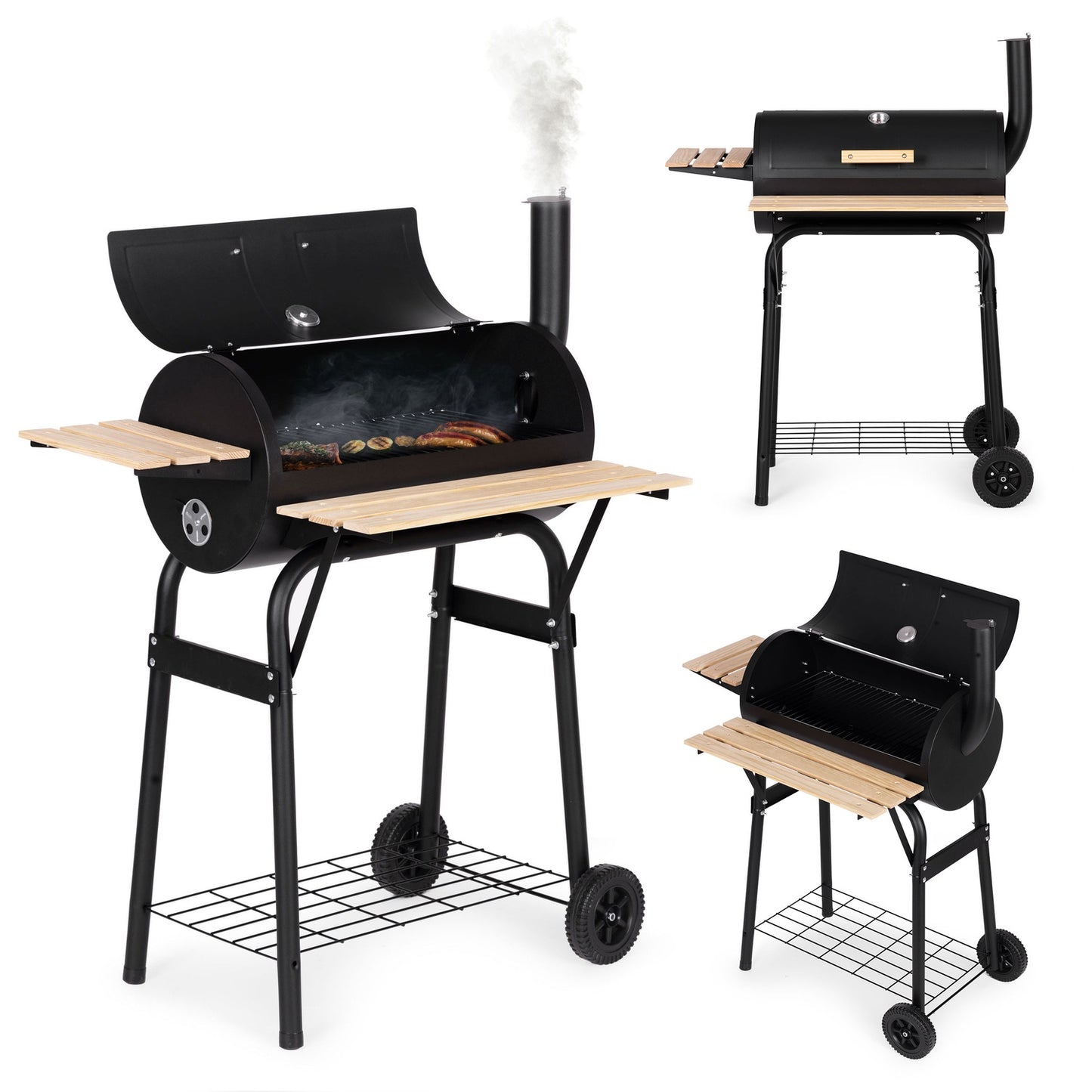 Large garden grill with thermometer, chimney, 3 shelves, wheels, MultiGarden