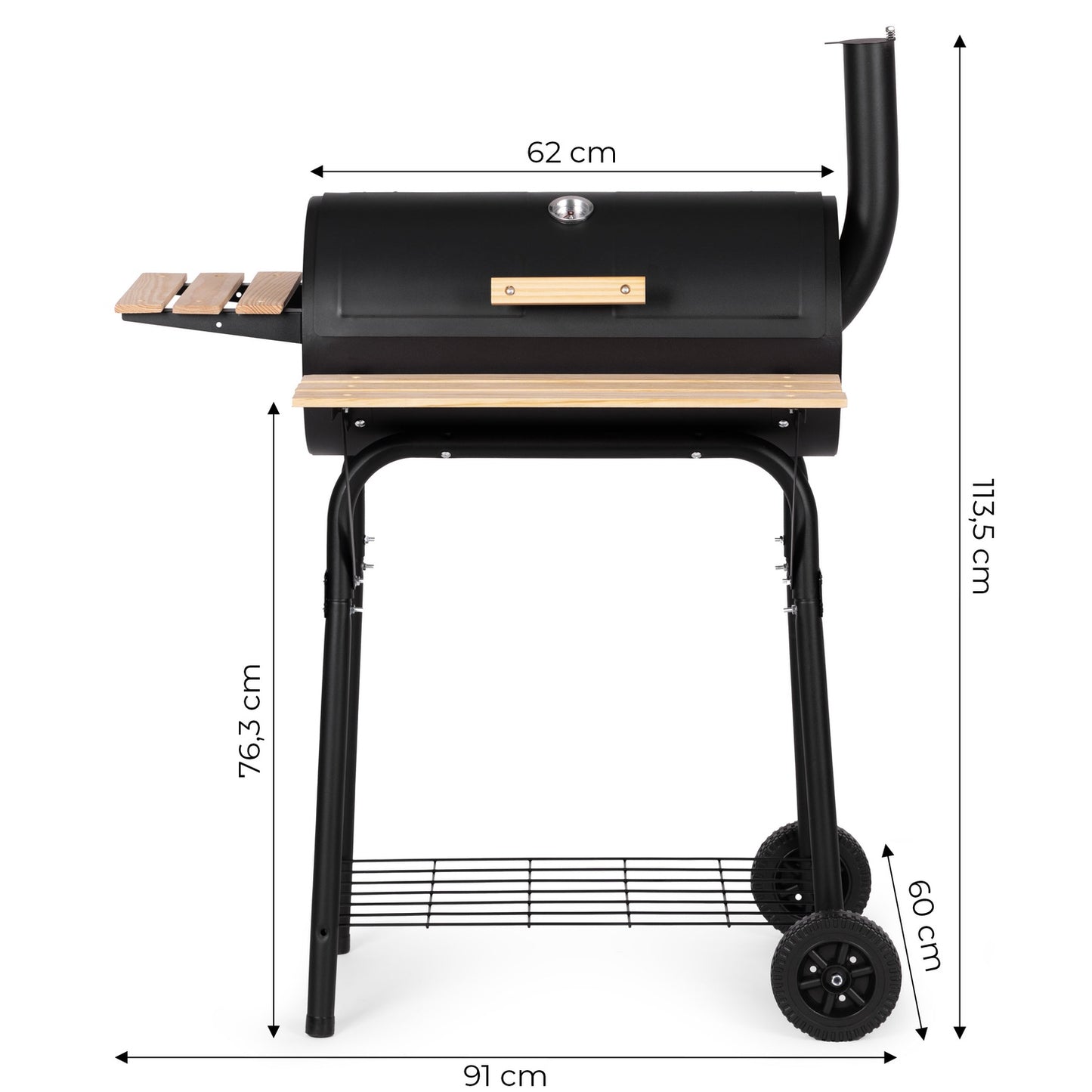 Large garden grill with thermometer, chimney, 3 shelves, wheels, MultiGarden