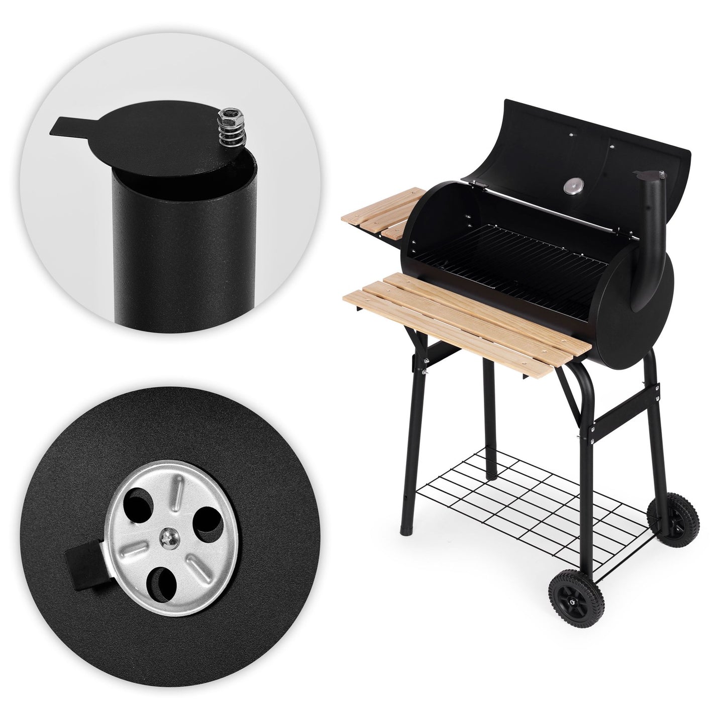 Large garden grill with thermometer, chimney, 3 shelves, wheels, MultiGarden