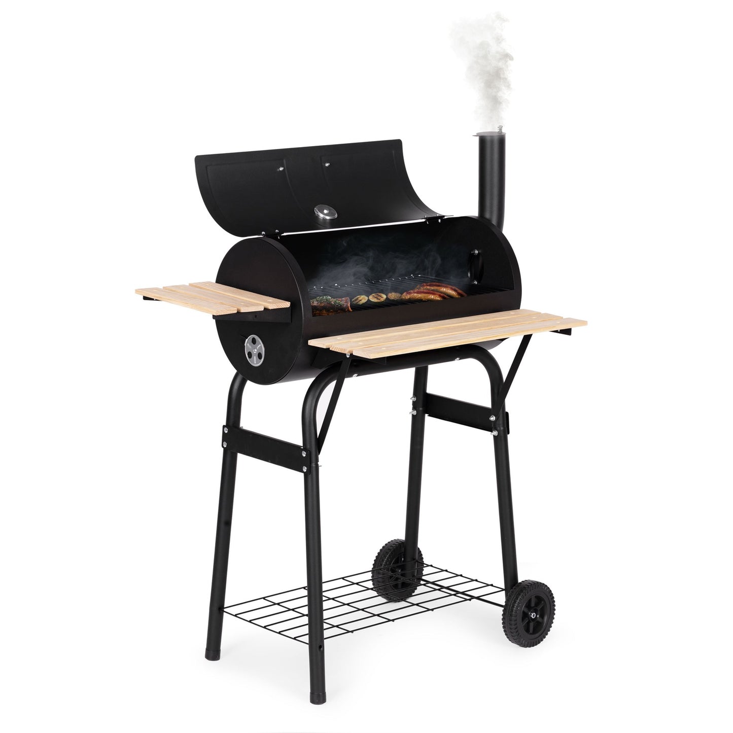Large garden grill with thermometer, chimney, 3 shelves, wheels, MultiGarden