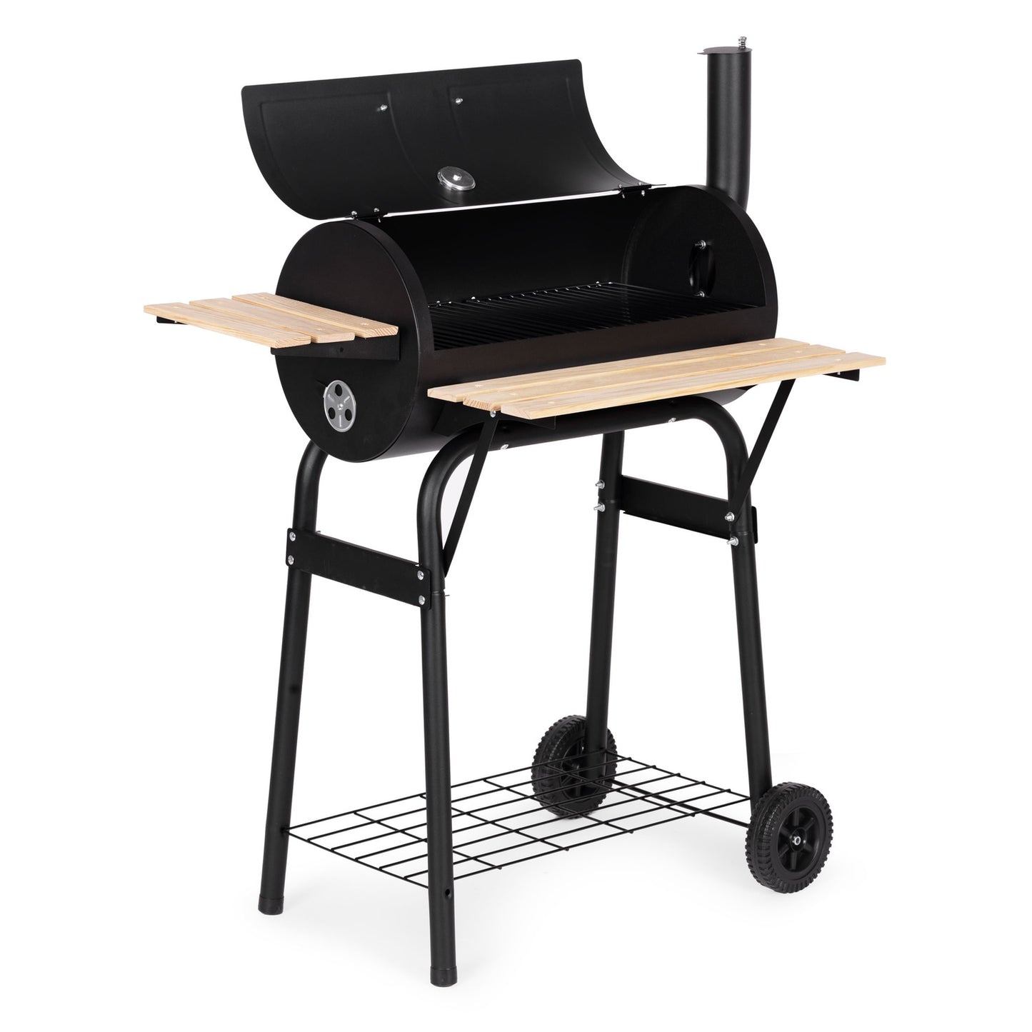 Large garden grill with thermometer, chimney, 3 shelves, wheels, MultiGarden