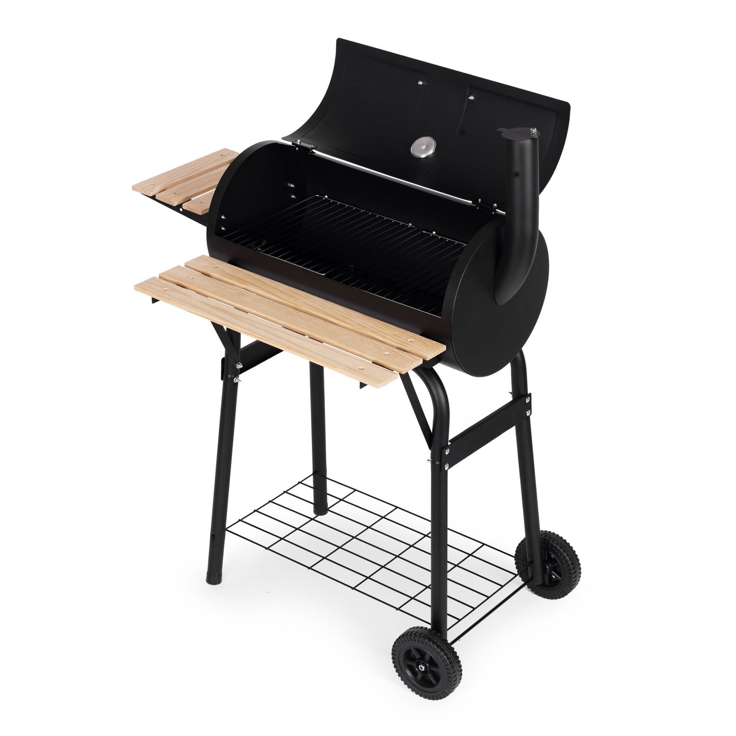 Large garden grill with thermometer, chimney, 3 shelves, wheels, MultiGarden