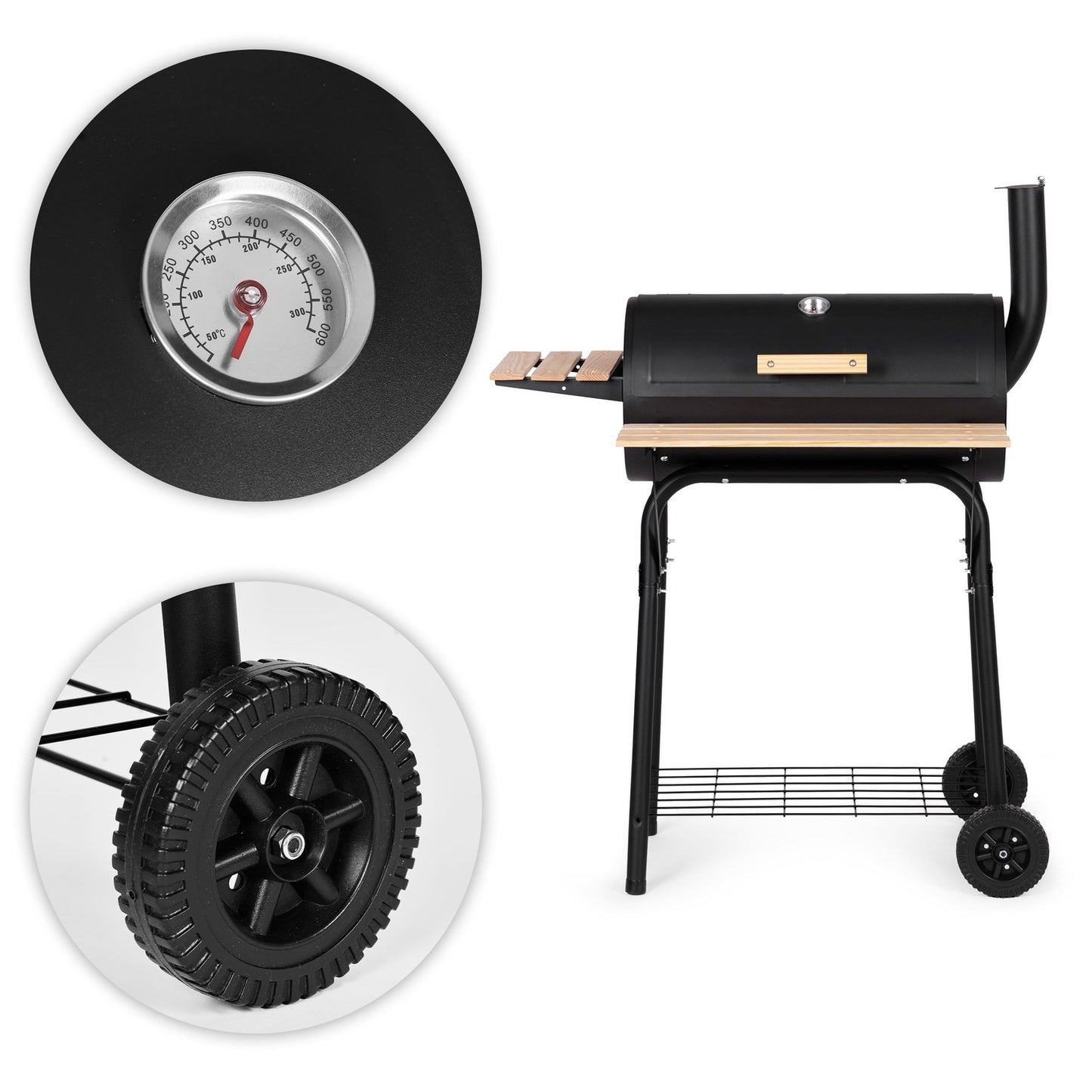 Large garden grill with thermometer, chimney, 3 shelves, wheels, MultiGarden