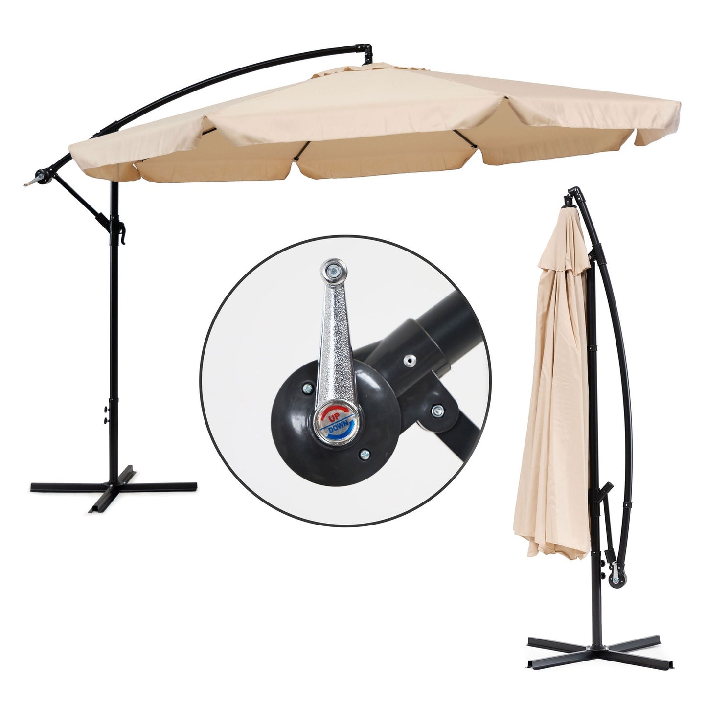Large garden umbrella on a folding arm, 3.5 m, beige