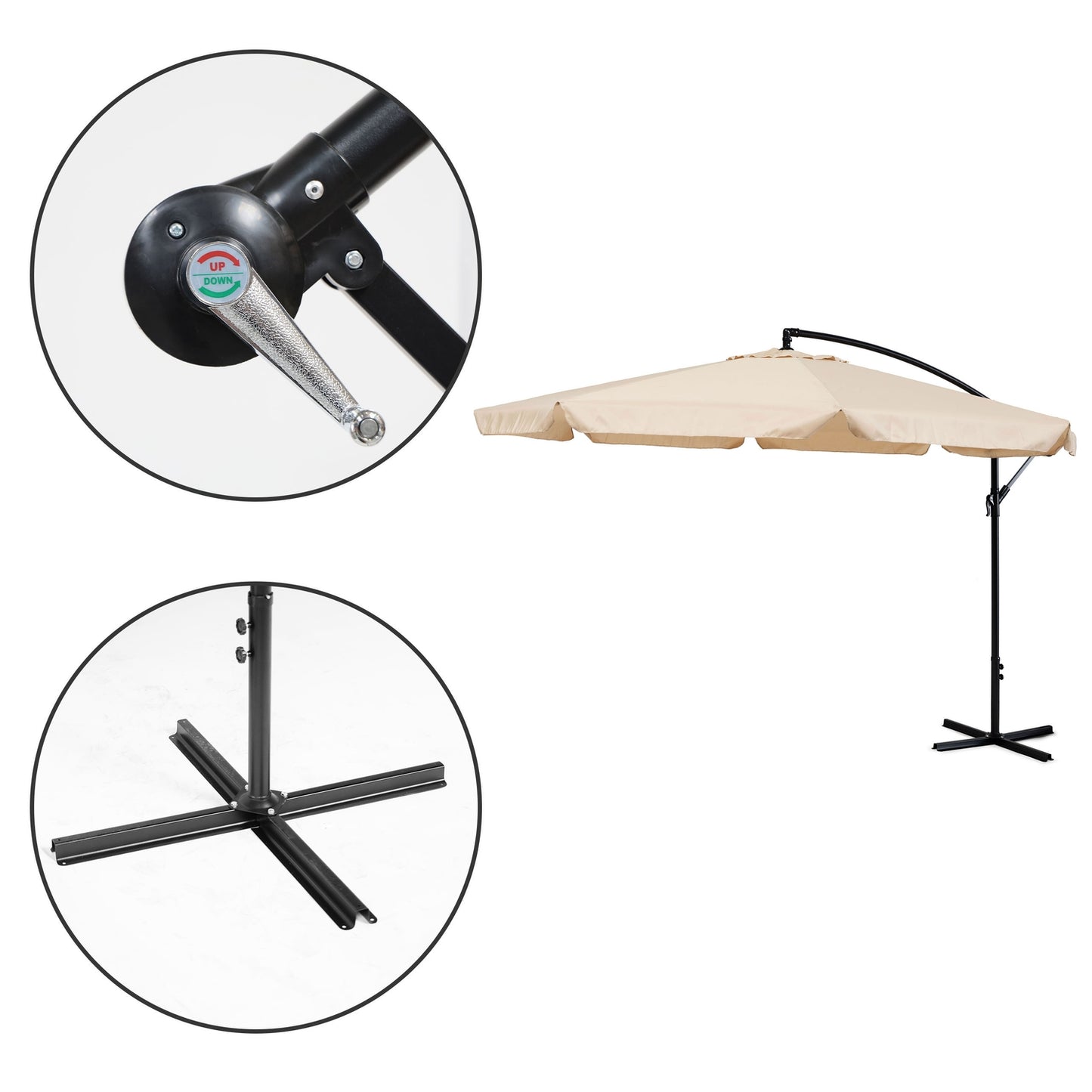 Large garden umbrella on a folding arm, 3.5 m, beige