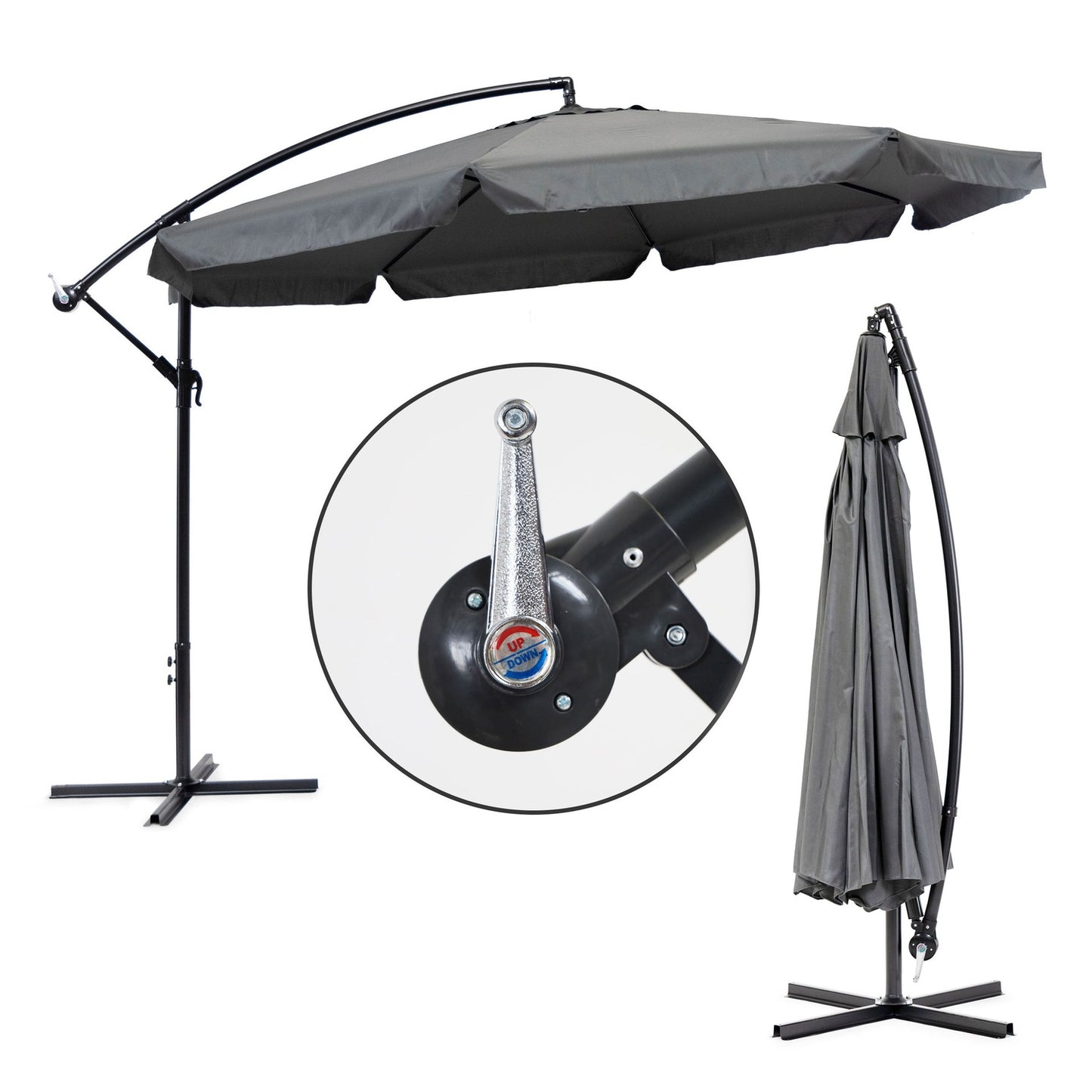 Large garden umbrella on a folding arm, 3.5 m, gray