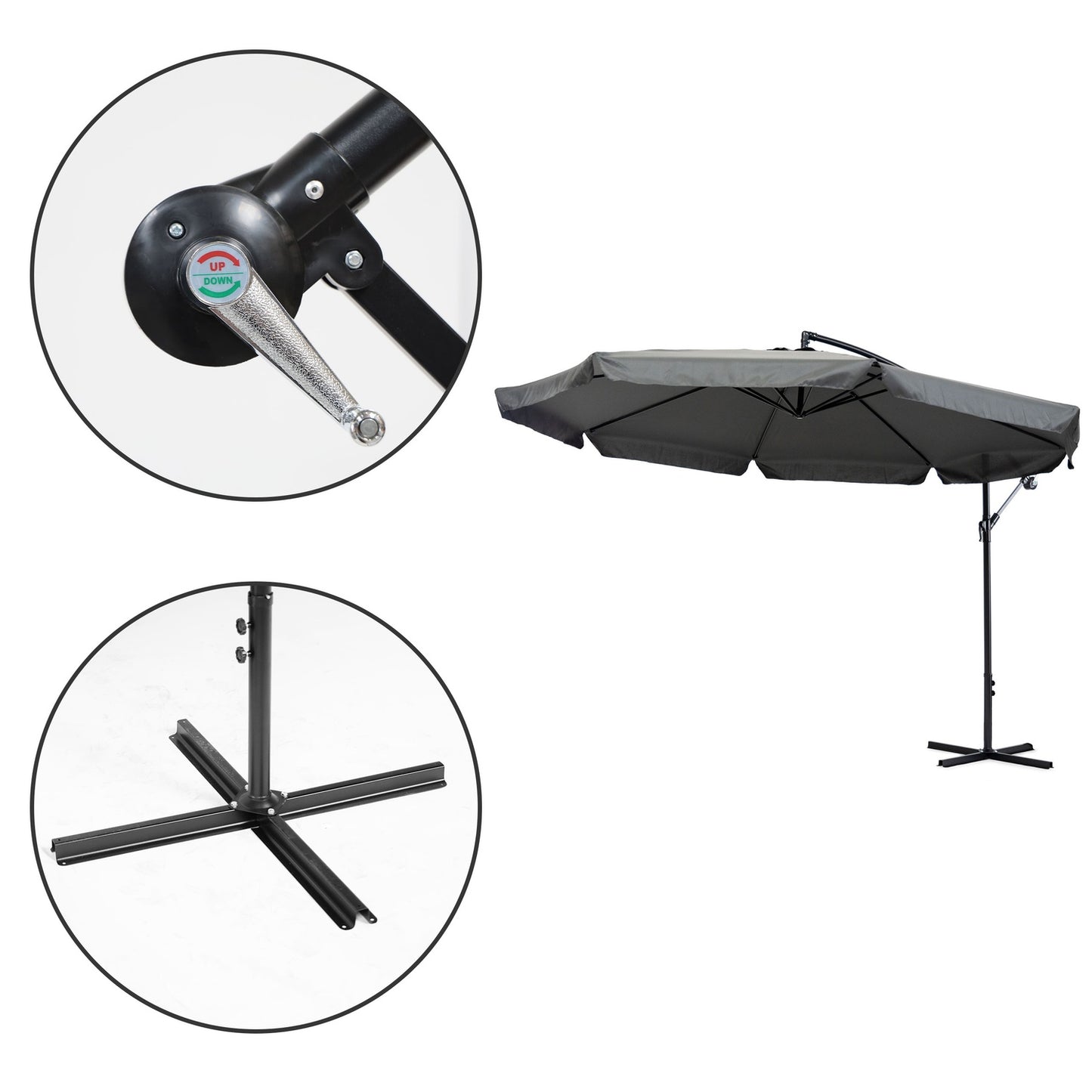 Large garden umbrella on a folding arm, 3.5 m, gray