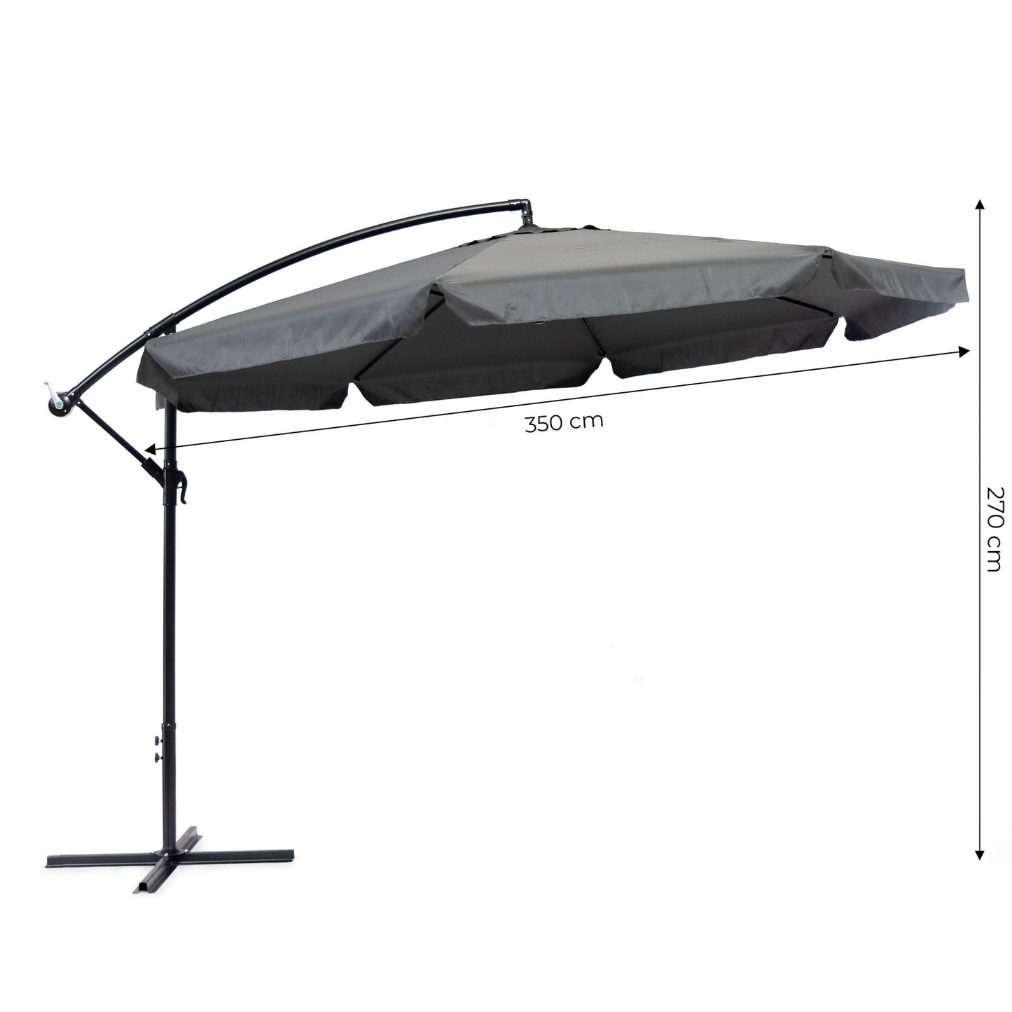 Large garden umbrella on a folding arm, 3.5 m, gray