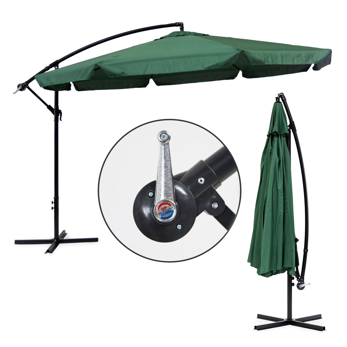 Large garden umbrella on a folding arm, 3.5 m, green
