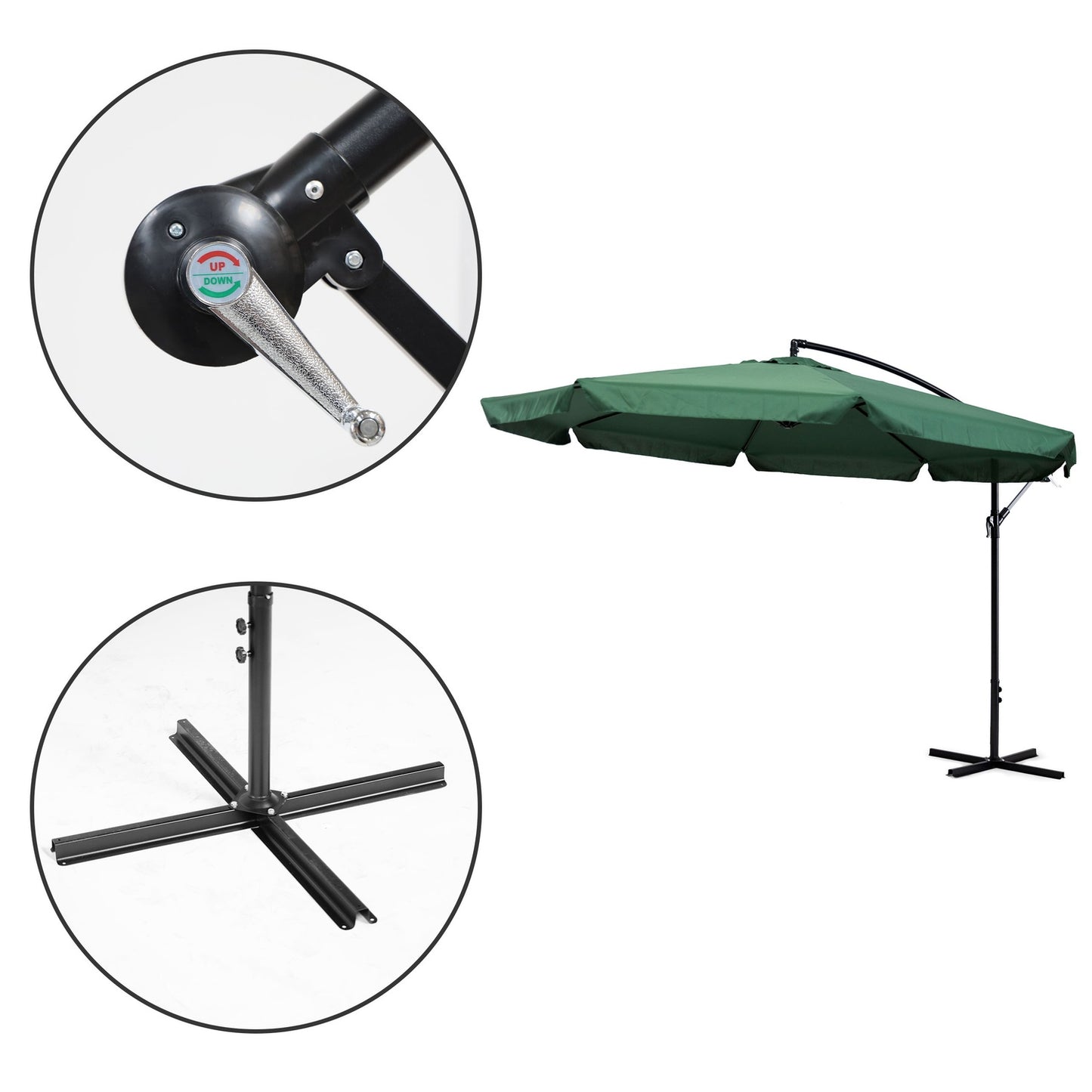Large garden umbrella on a folding arm, 3.5 m, green