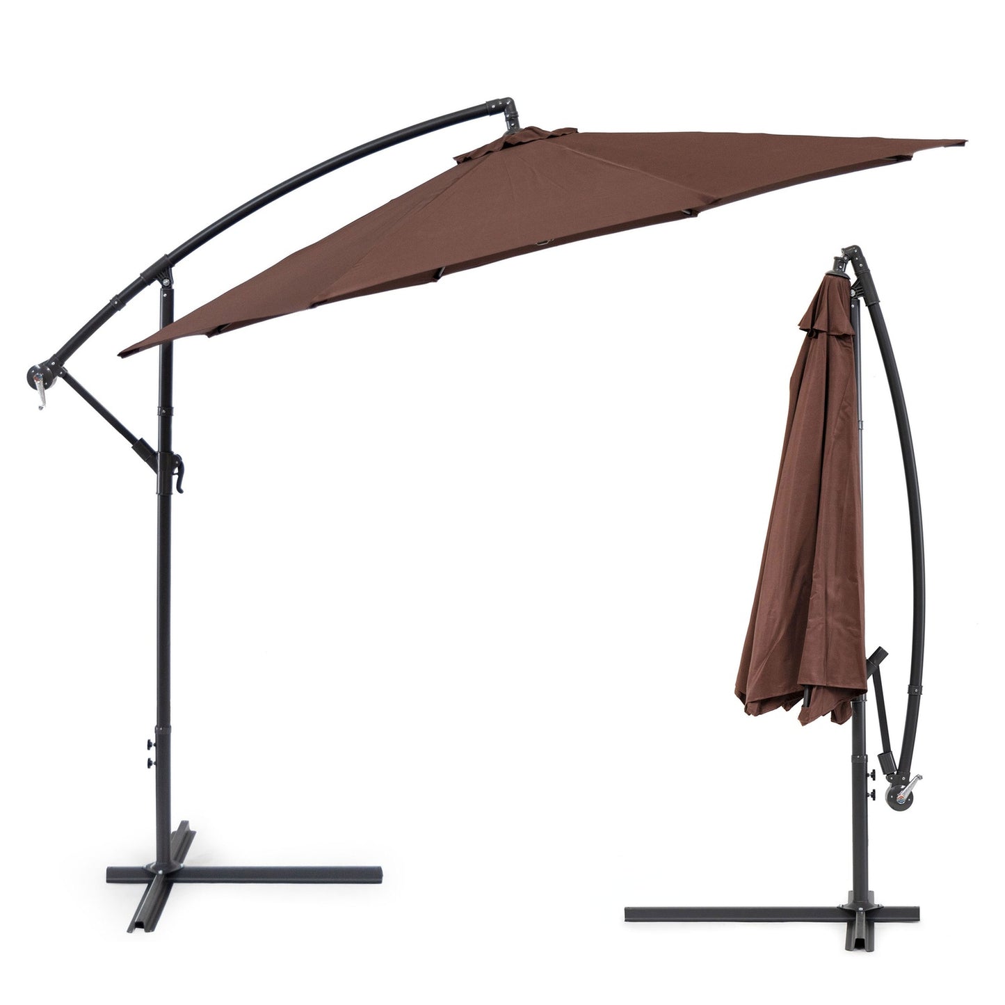 Large garden umbrella on a folding arm, 3m, brown