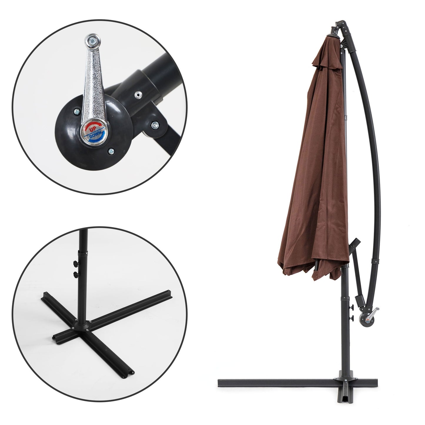 Large garden umbrella on a folding arm, 3m, brown