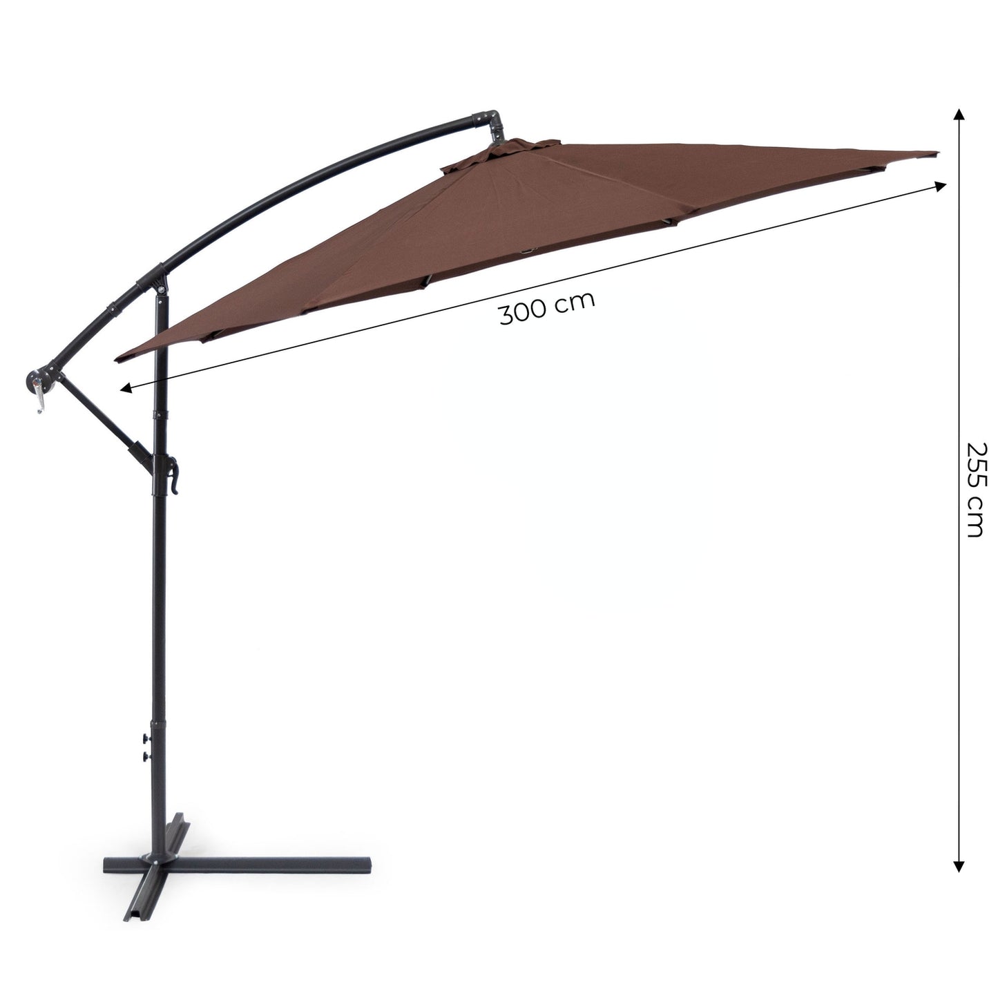 Large garden umbrella on a folding arm, 3m, brown