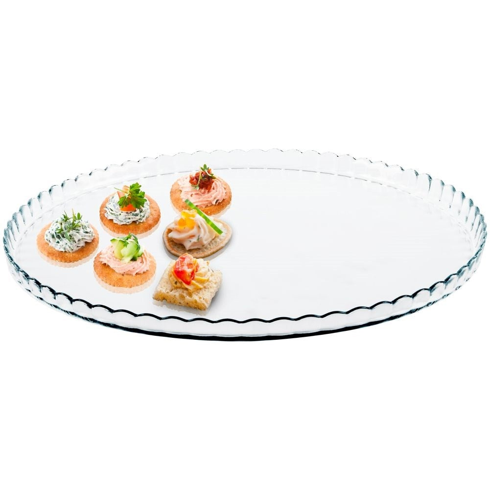 Large glass plate with decorated edges for serving