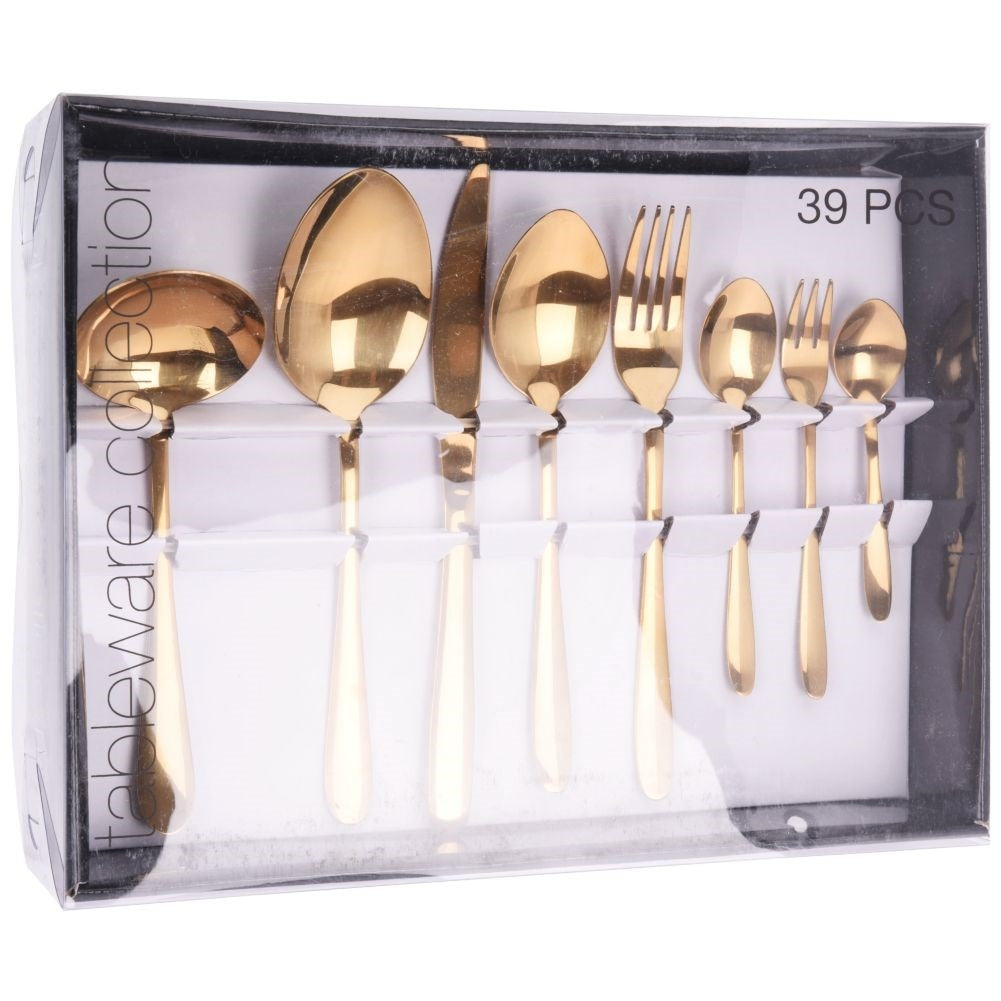 Large gold cutlery set 39 pieces for 6 people, dishwasher safe