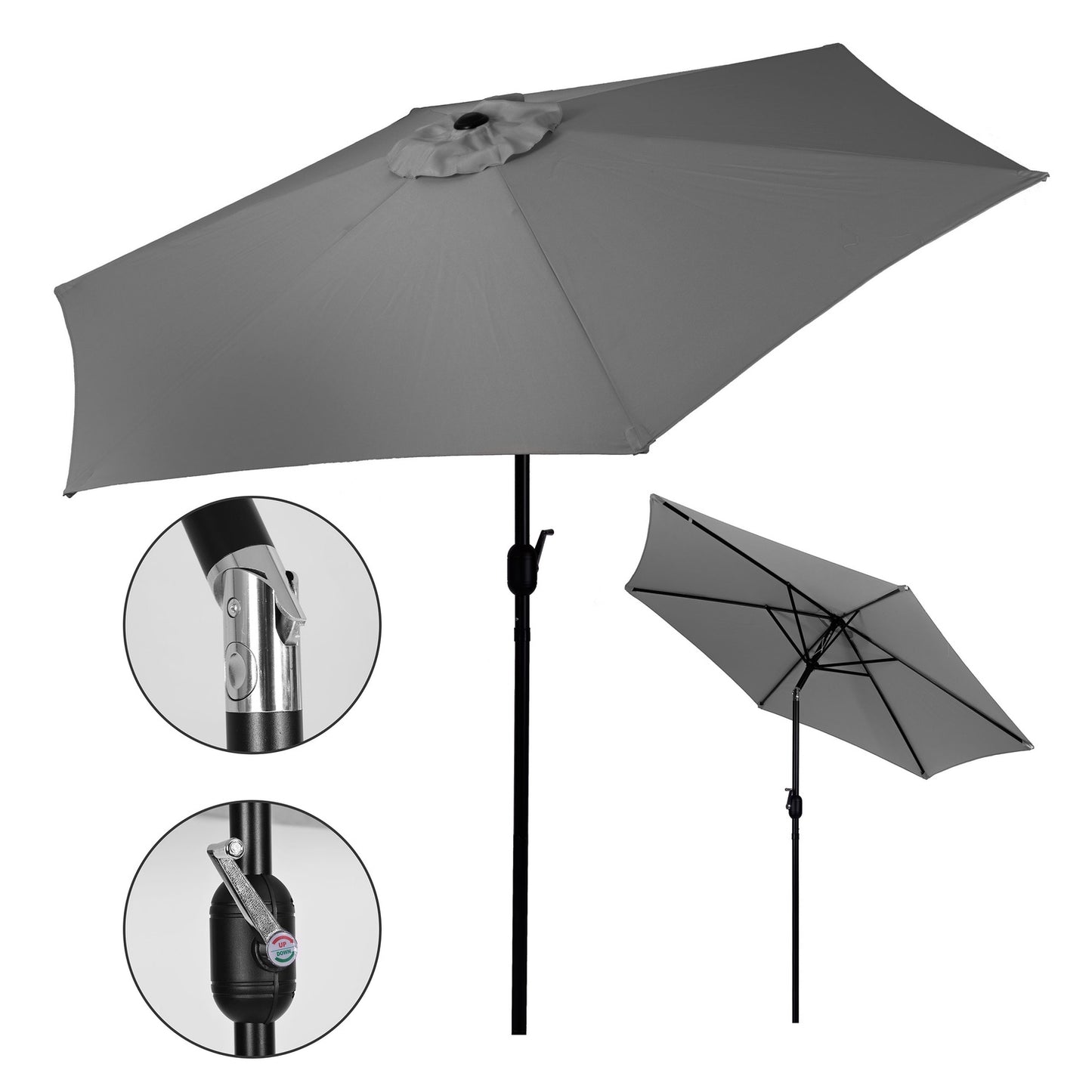 Large slanted broken garden umbrella with a crank, 6 ribs, gray 270 cm