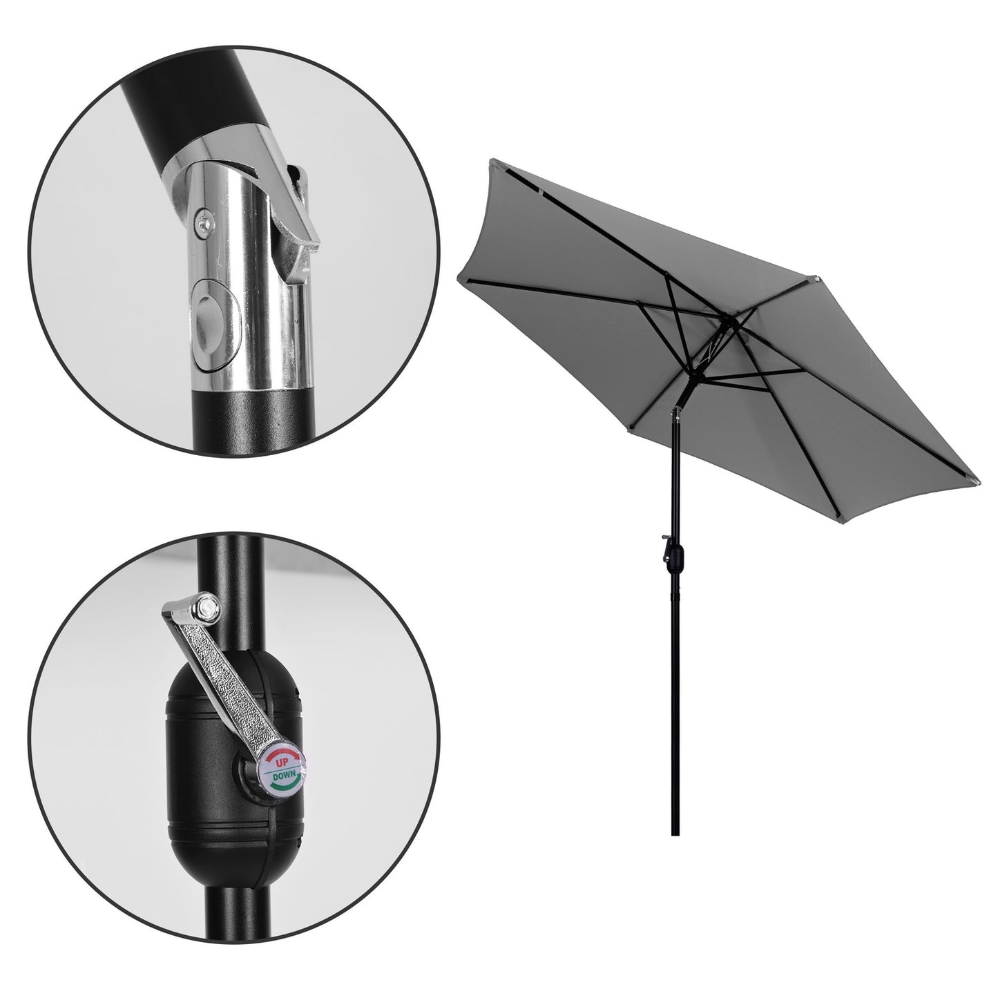 Large slanted broken garden umbrella with a crank, 6 ribs, gray 270 cm
