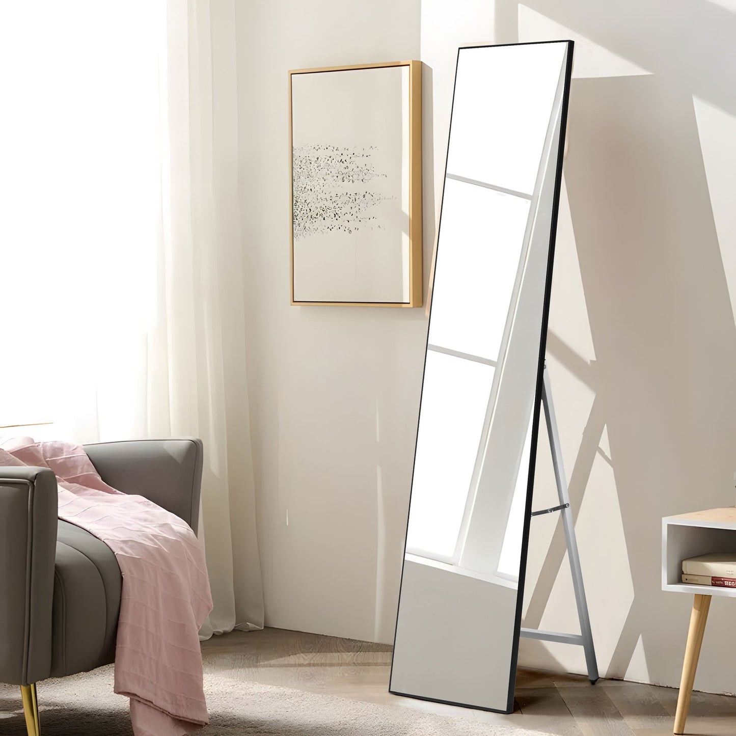 Large standing mirror 159 cm, aluminum, black frame, ModernHome