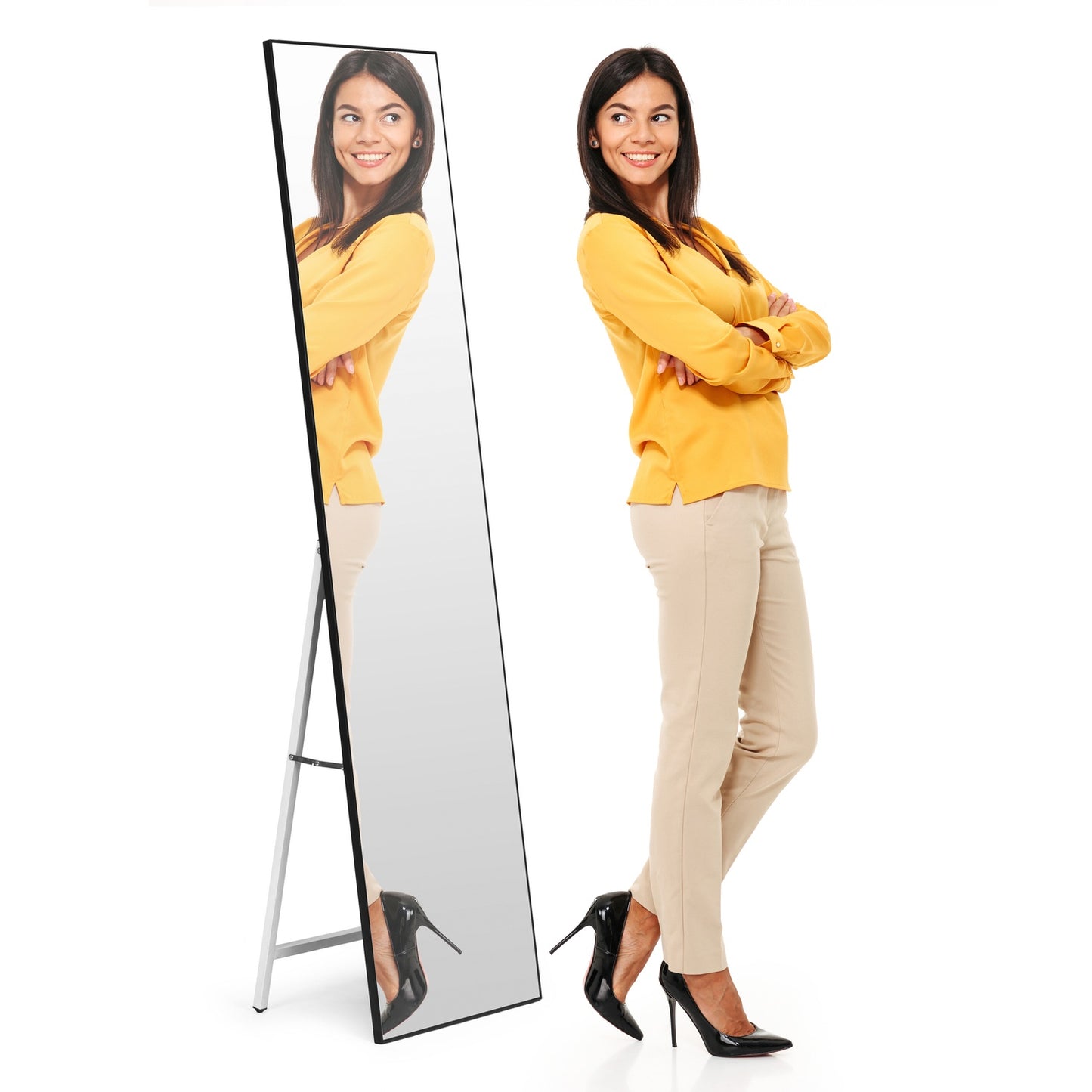 Large standing mirror 159 cm, aluminum, black frame, ModernHome