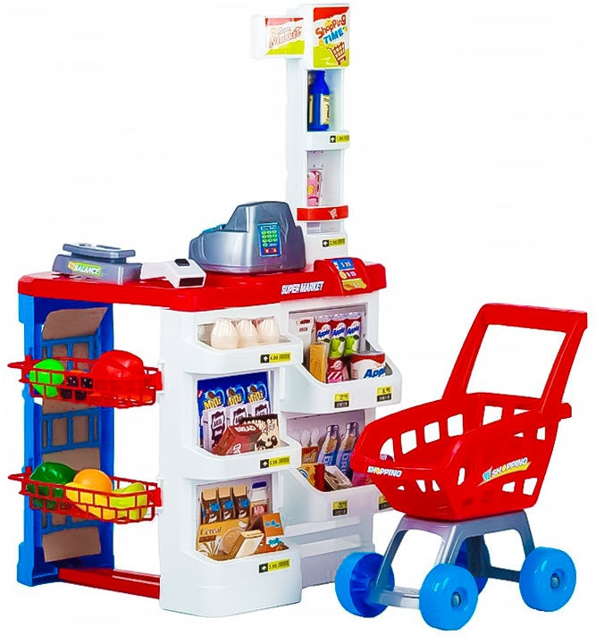 Large supermarket supermarket stall for children with cash register, scales and scanner