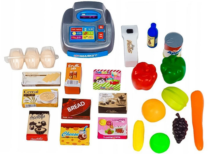 Large supermarket supermarket stall for children with cash register, scales and scanner