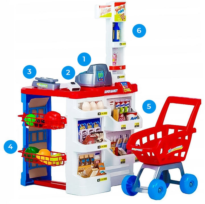 Large supermarket supermarket stall for children with cash register, scales and scanner