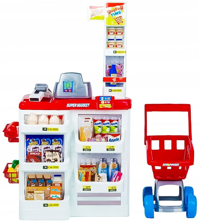 Large supermarket supermarket stall for children with cash register, scales and scanner