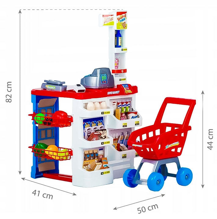 Large supermarket supermarket stall for children with cash register, scales and scanner