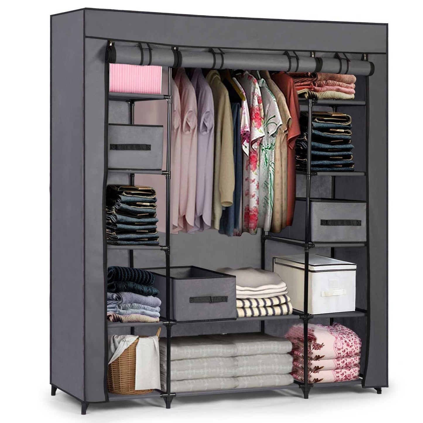 Large textile wardrobe with drawers Massido - graphite grey