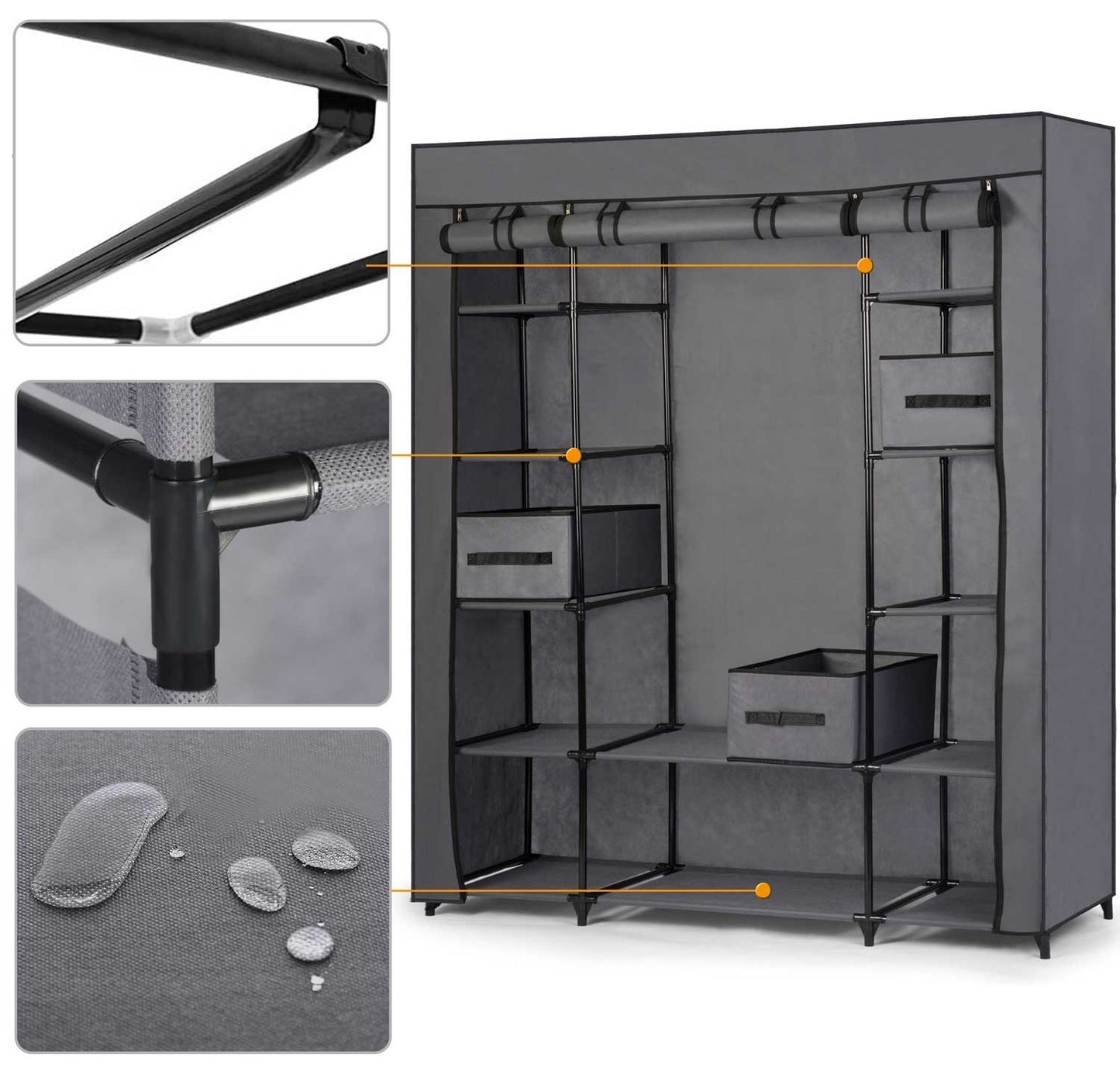 Large textile wardrobe with drawers Massido - graphite grey