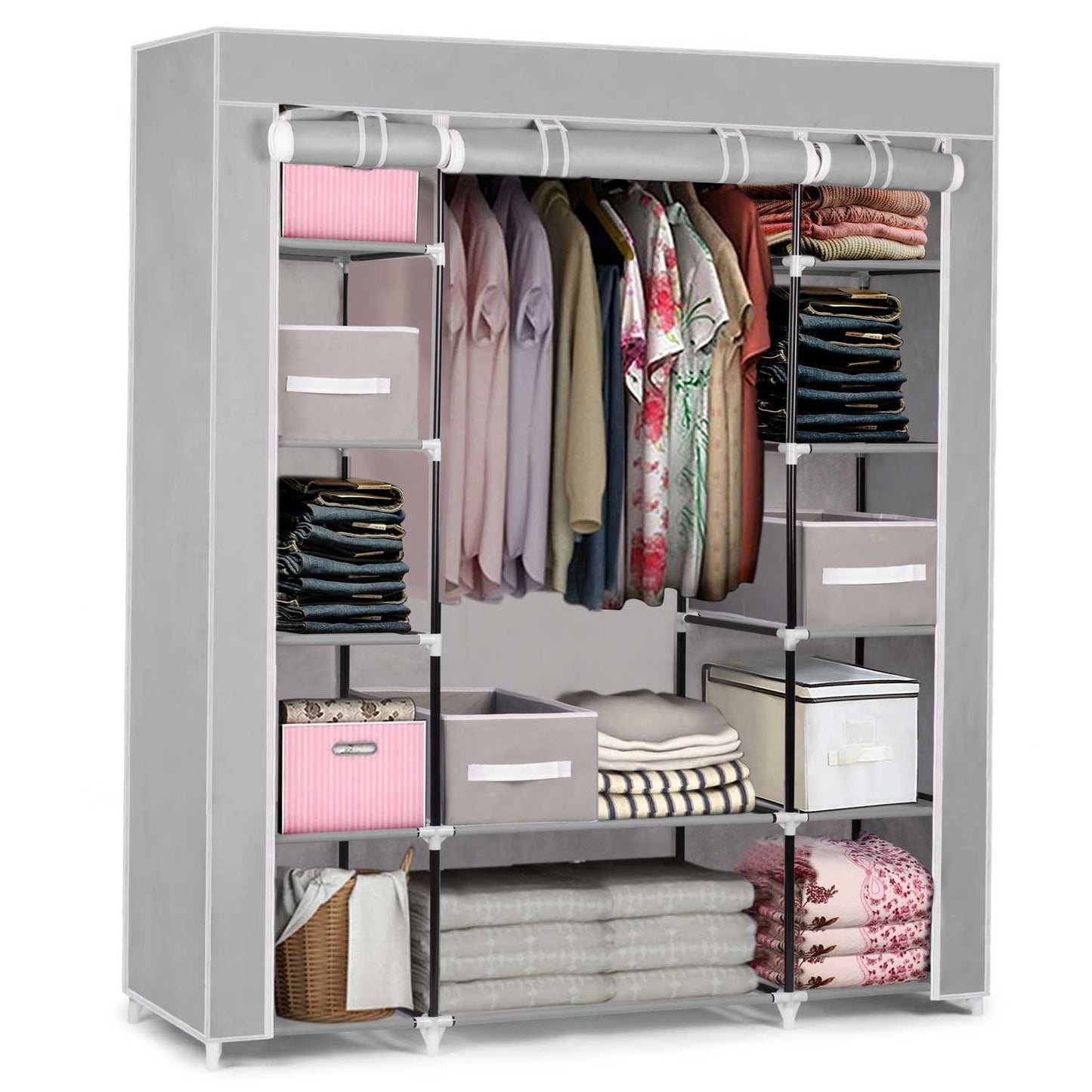 Large textile wardrobe with drawers Massido - grey