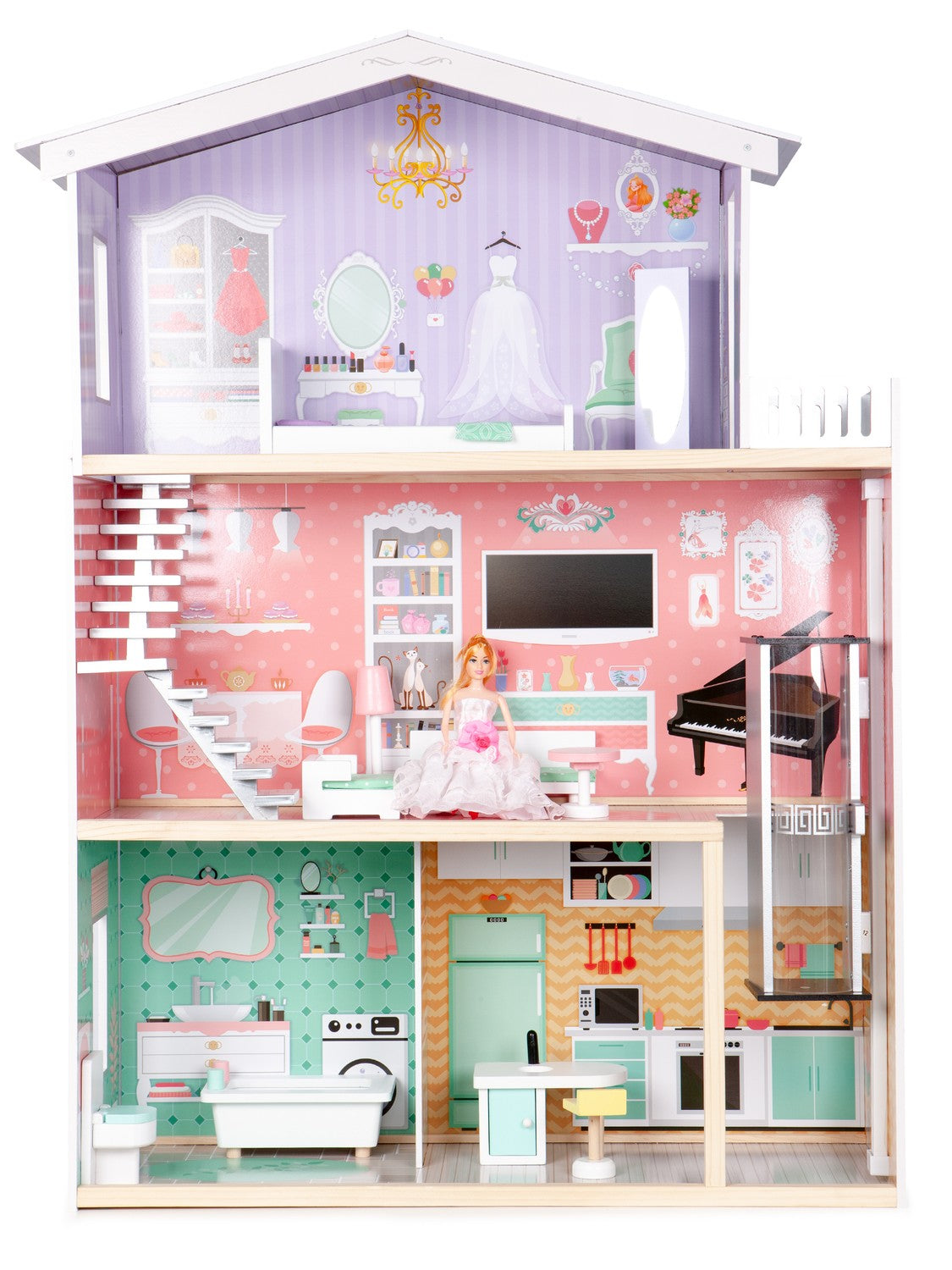 Large wooden dollhouse with a movable elevator ECOTOYS