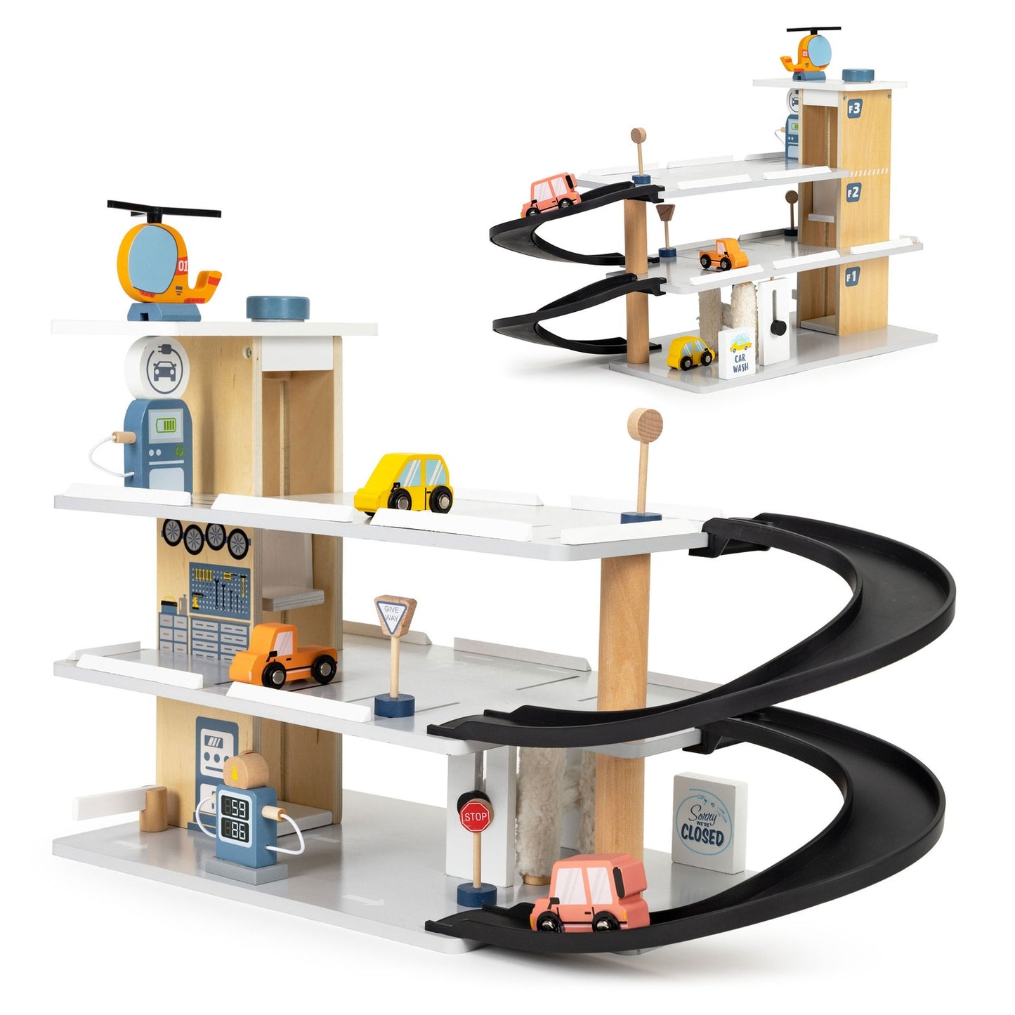 Large wooden garage, parking lot with elevator, cars, helicopter, ECOTOYS car wash