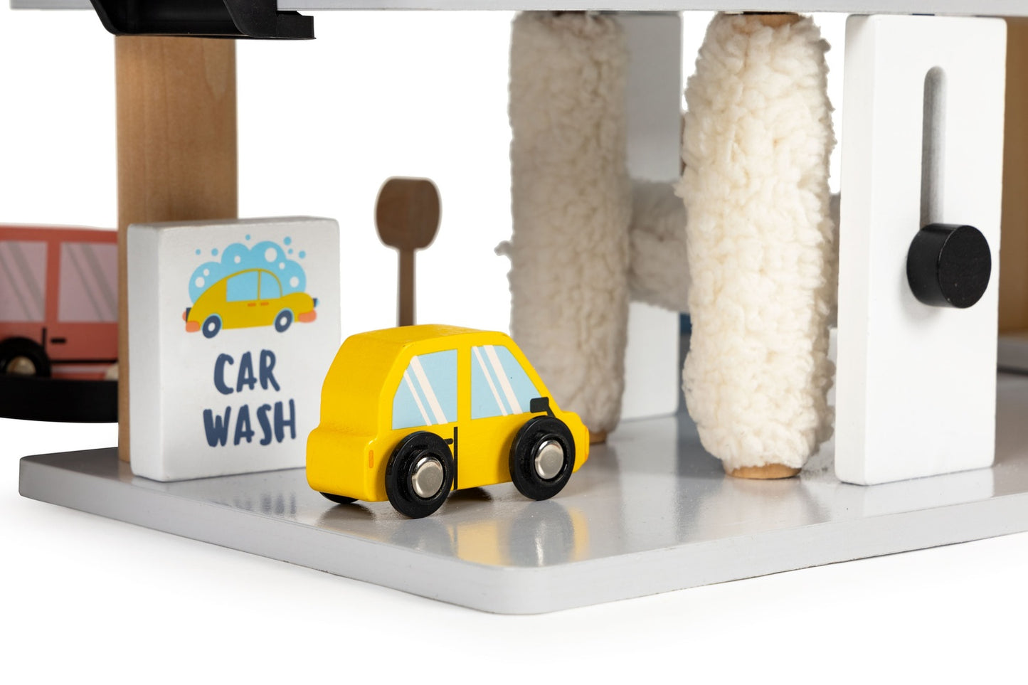 Large wooden garage, parking lot with elevator, cars, helicopter, ECOTOYS car wash