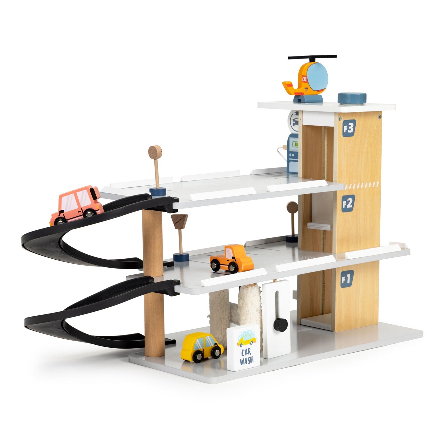 Large wooden garage, parking lot with elevator, cars, helicopter, ECOTOYS car wash