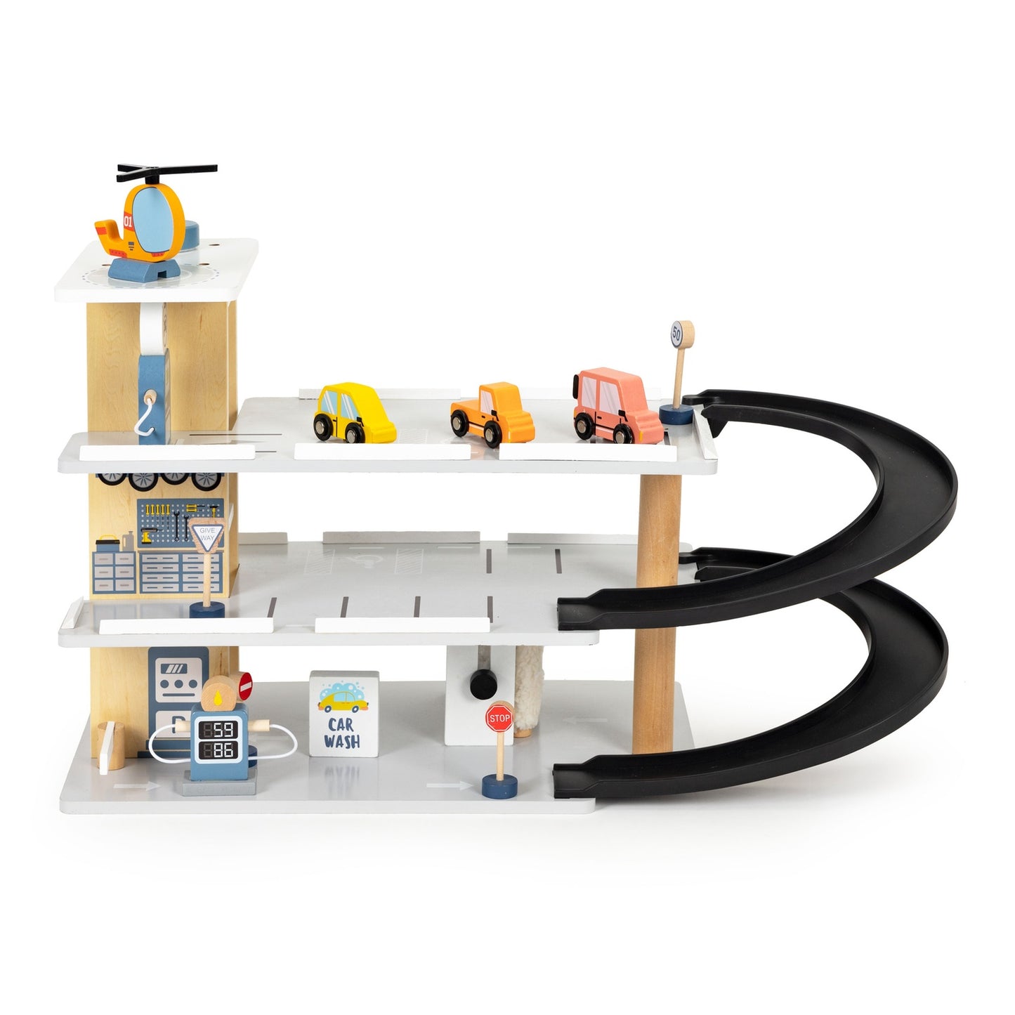 Large wooden garage, parking lot with elevator, cars, helicopter, ECOTOYS car wash